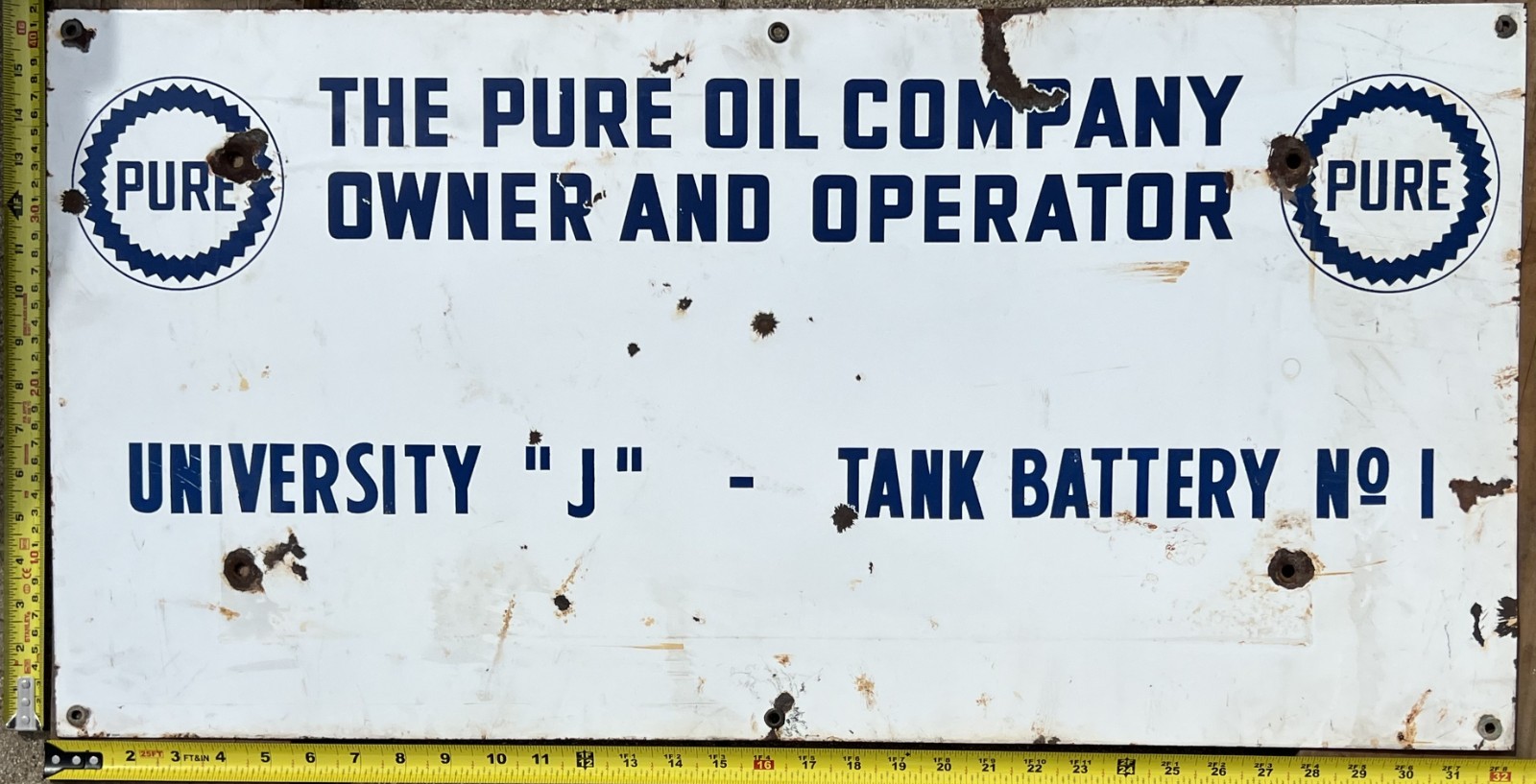 Vintage Porcelain Oil Field Sign – Pure Oil Co University “J” Tank Battery 1