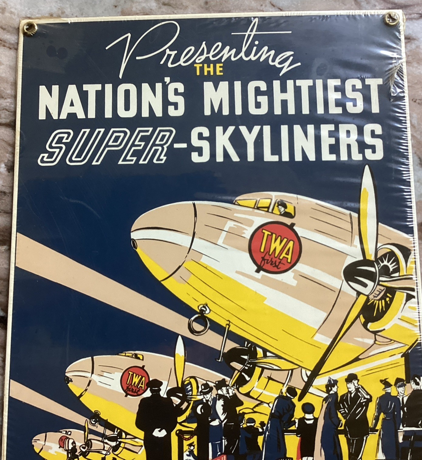 Vintage Ande Rooney TWA Super Skyliners Aviation Enameled Porcelain Sign