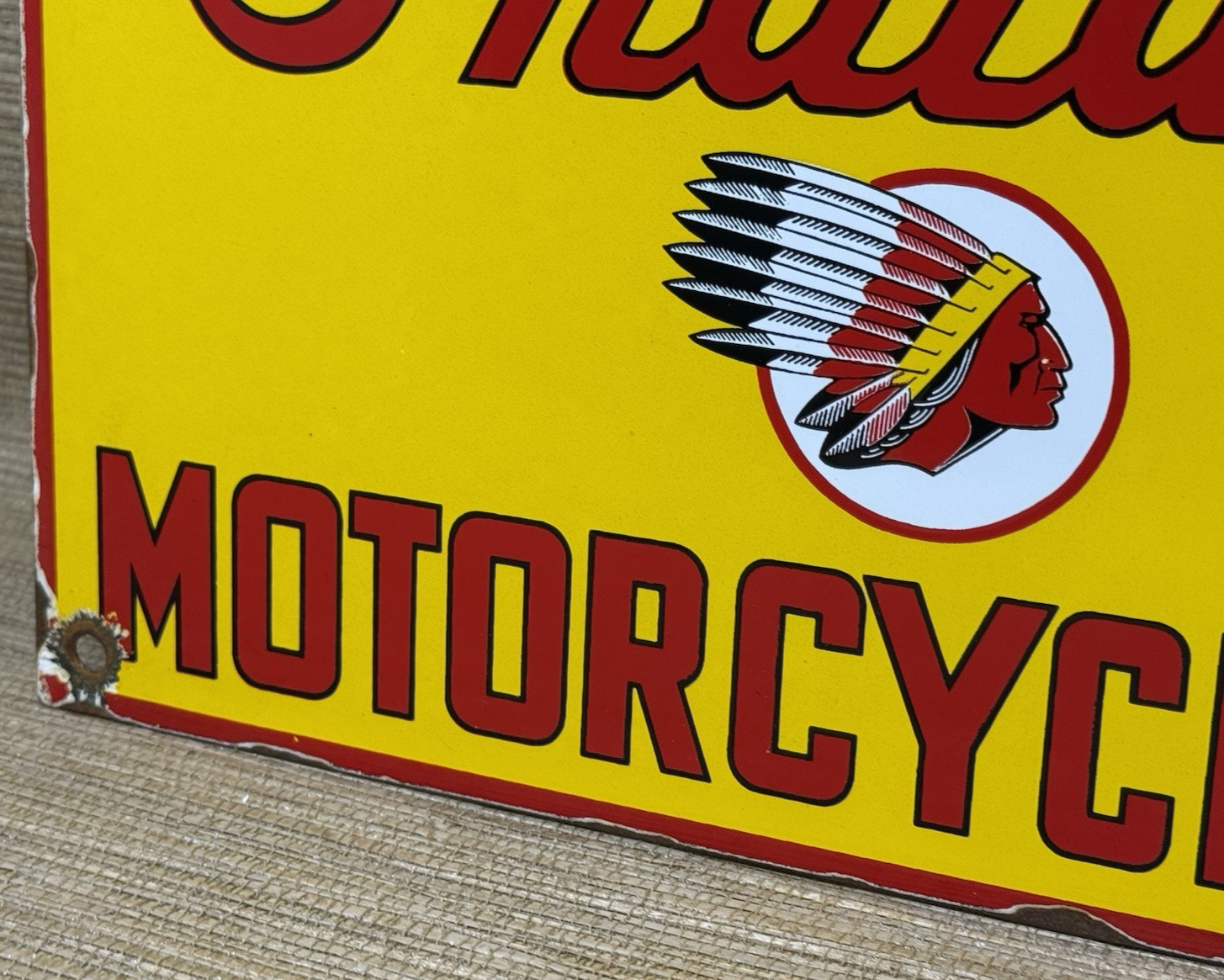 VINTAGE INDIAN MOTORCYCLES PORCELAIN SIGN, DEALERSHIP, MOTOR BIKE HARLEY GAS OIL