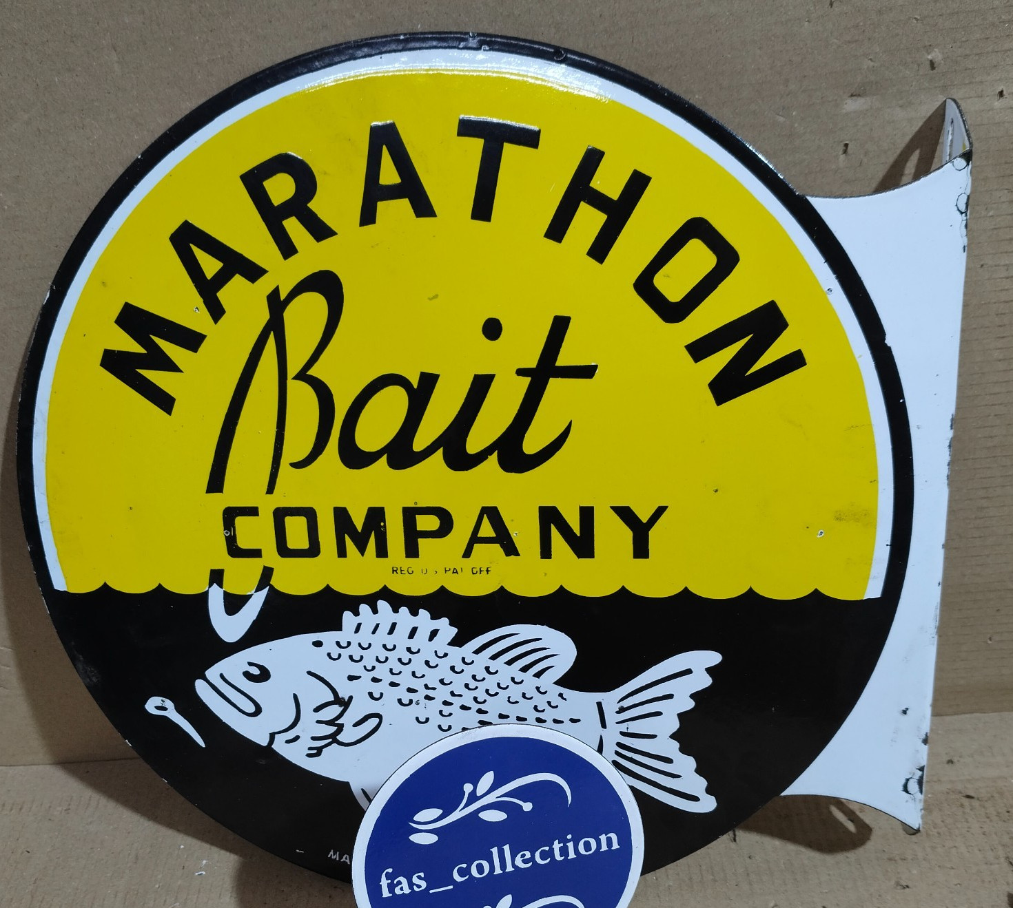 Marathon Bait Company Porcelain Enamel Sign 19.5 x 17 Inches 2 Sided