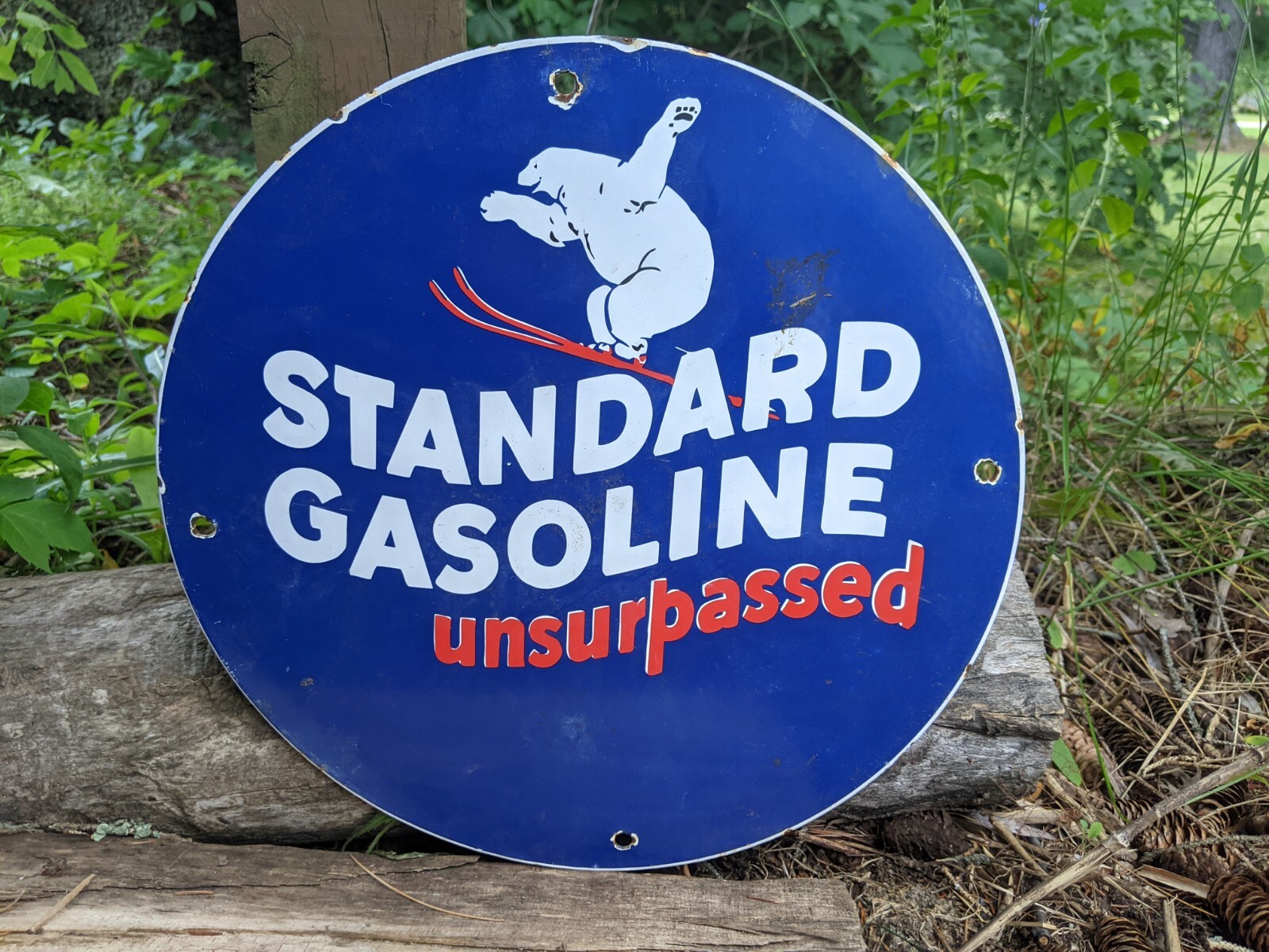 VINTAGE STANDARD GAS UNSURPASSED PORCELAIN GAS STATION PUMP METAL SIGN 12″