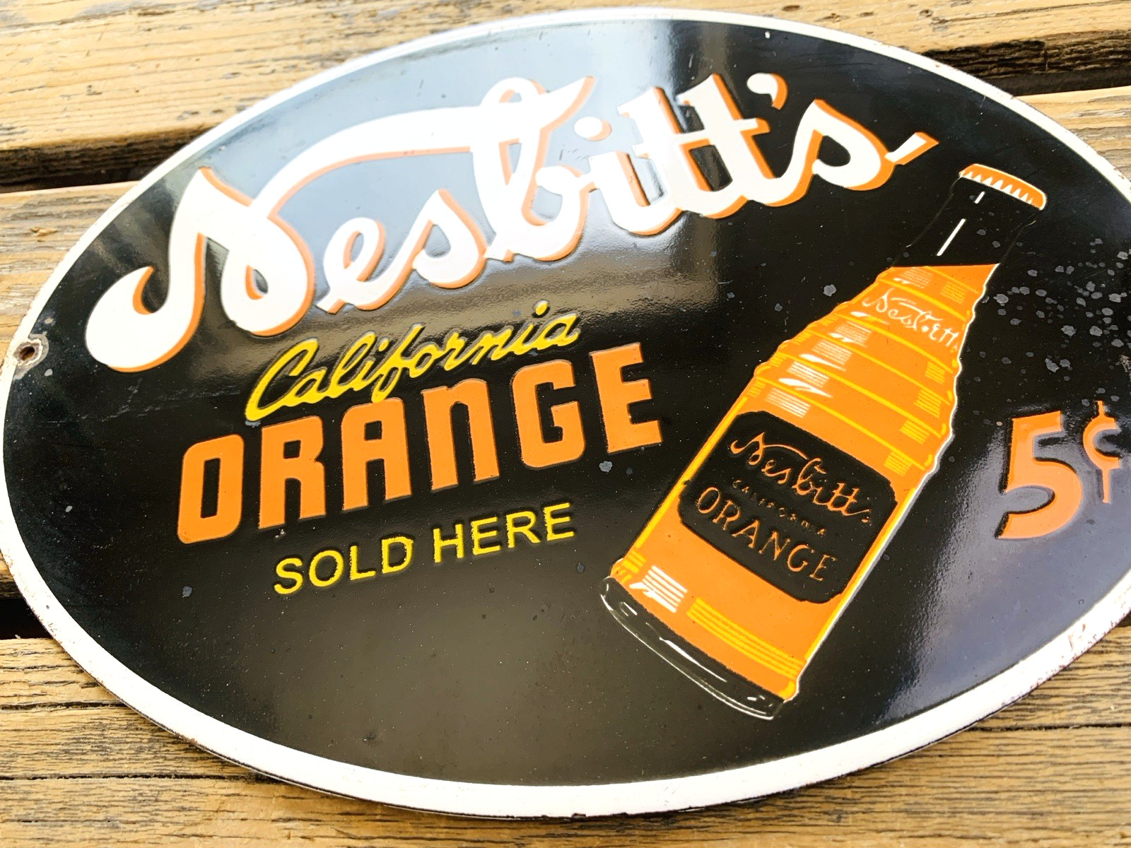 VINTAGE 12×9″ NESBITT’S California ORANGE SODA POP 5c GAS PORCELAIN OIL SIGN