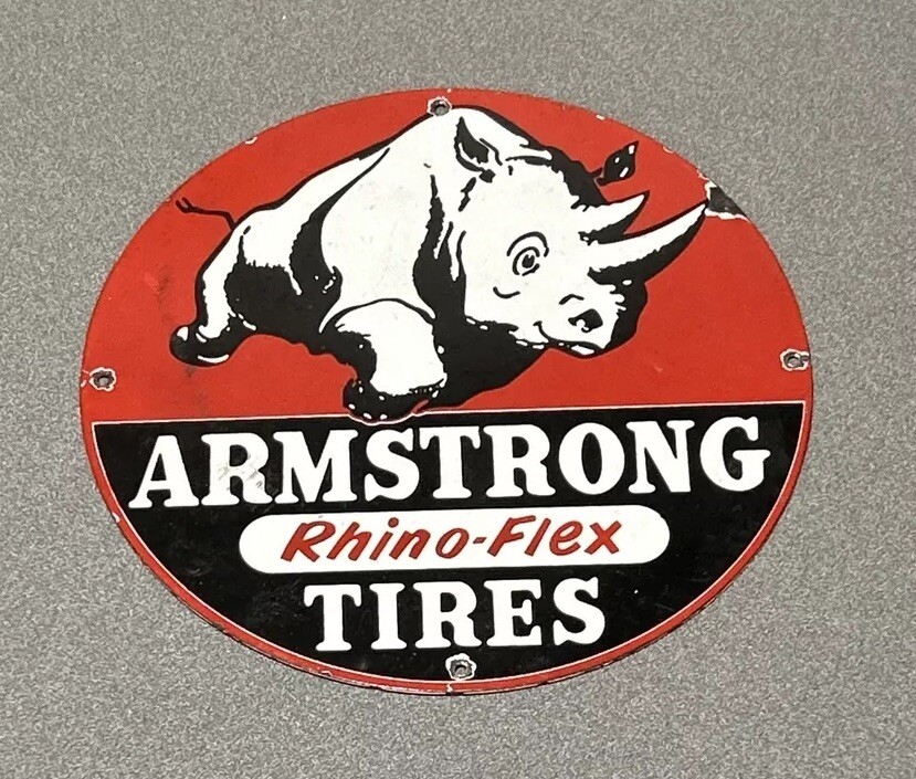 VINTAGE ARMSTRONG RHINO RHINOCEROS TIRES PORCELAIN SIGN CAR GAS AUTO OIL