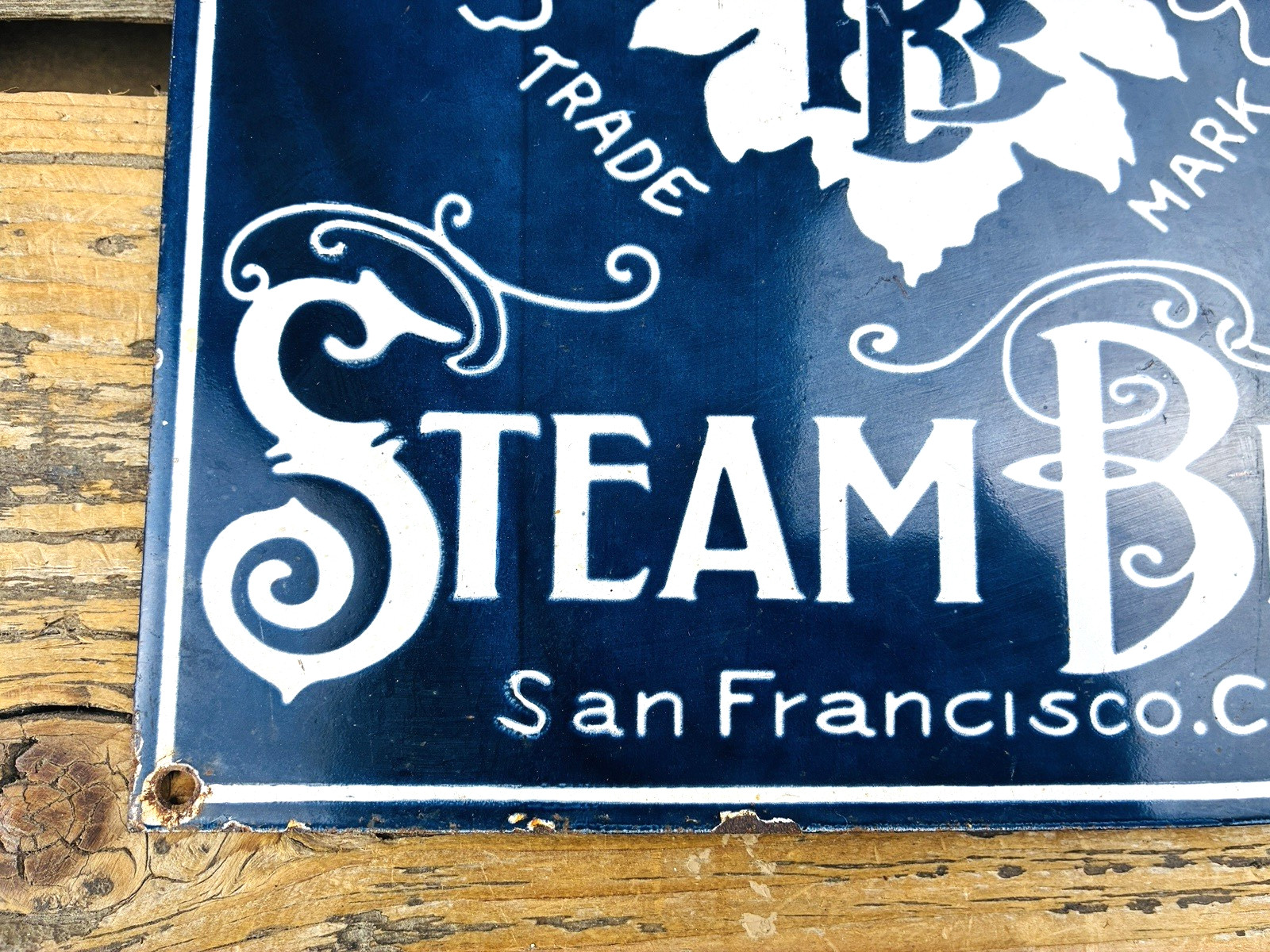 VINTAGE 12×9″ BROADWAY BREWERY STEAM BEER SF PORCELAIN PUMP STATION GAS OIL SIGN