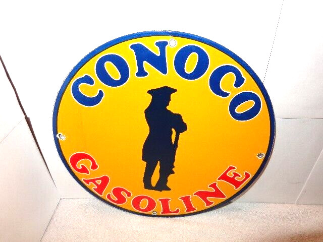 11 3/4 in CONOCO GASOLINE ADVERTISING SIGN DIE CUT METAL PORCELAIN # S 263