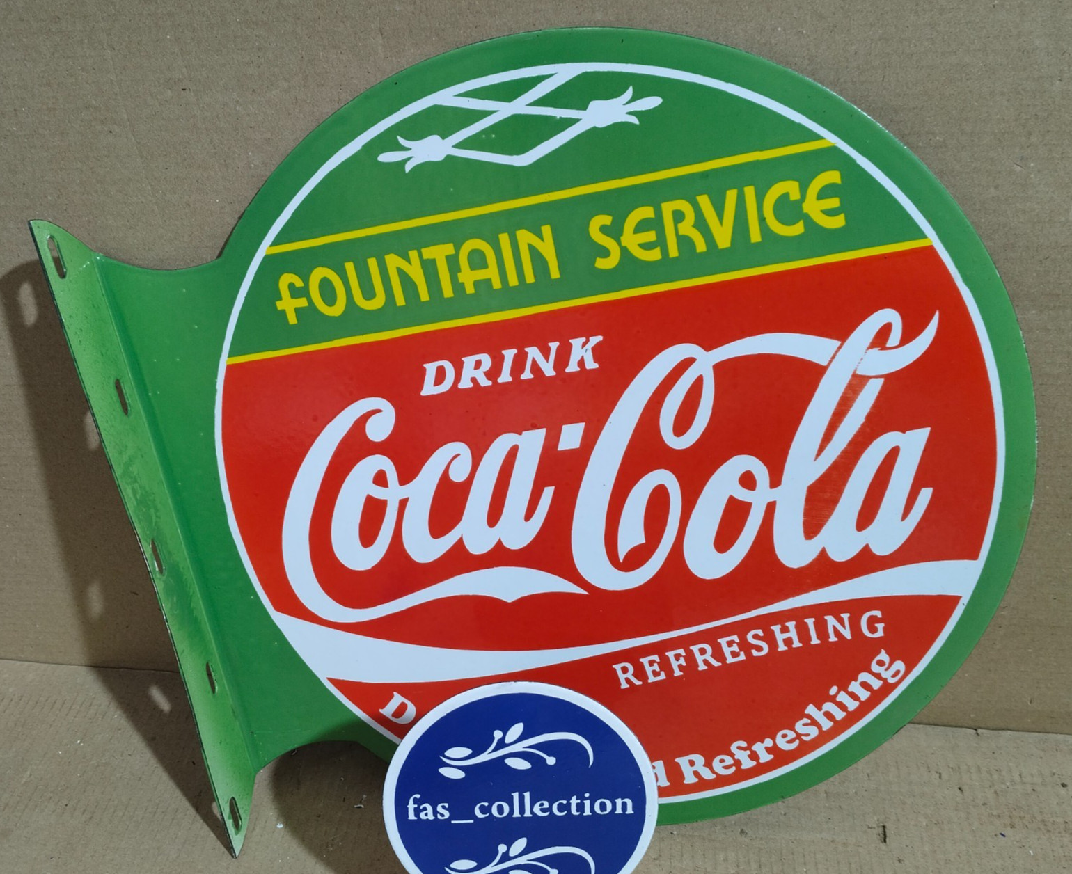 Drink Coca Cola Fountain Service Porcelain Enamel Sign 19.5 x 17 Inches 2 Sided