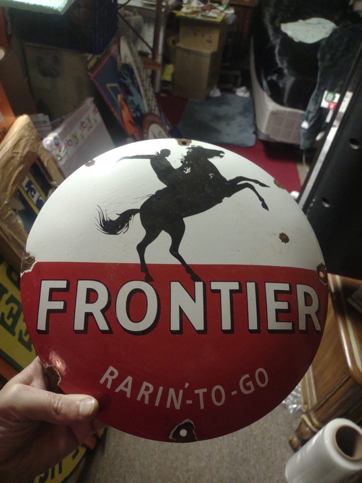 VINTAGE FRONTIER GASOLINE PORCELAIN SIGN GAS STATION MOTOR OIL BUCKING BRONCO