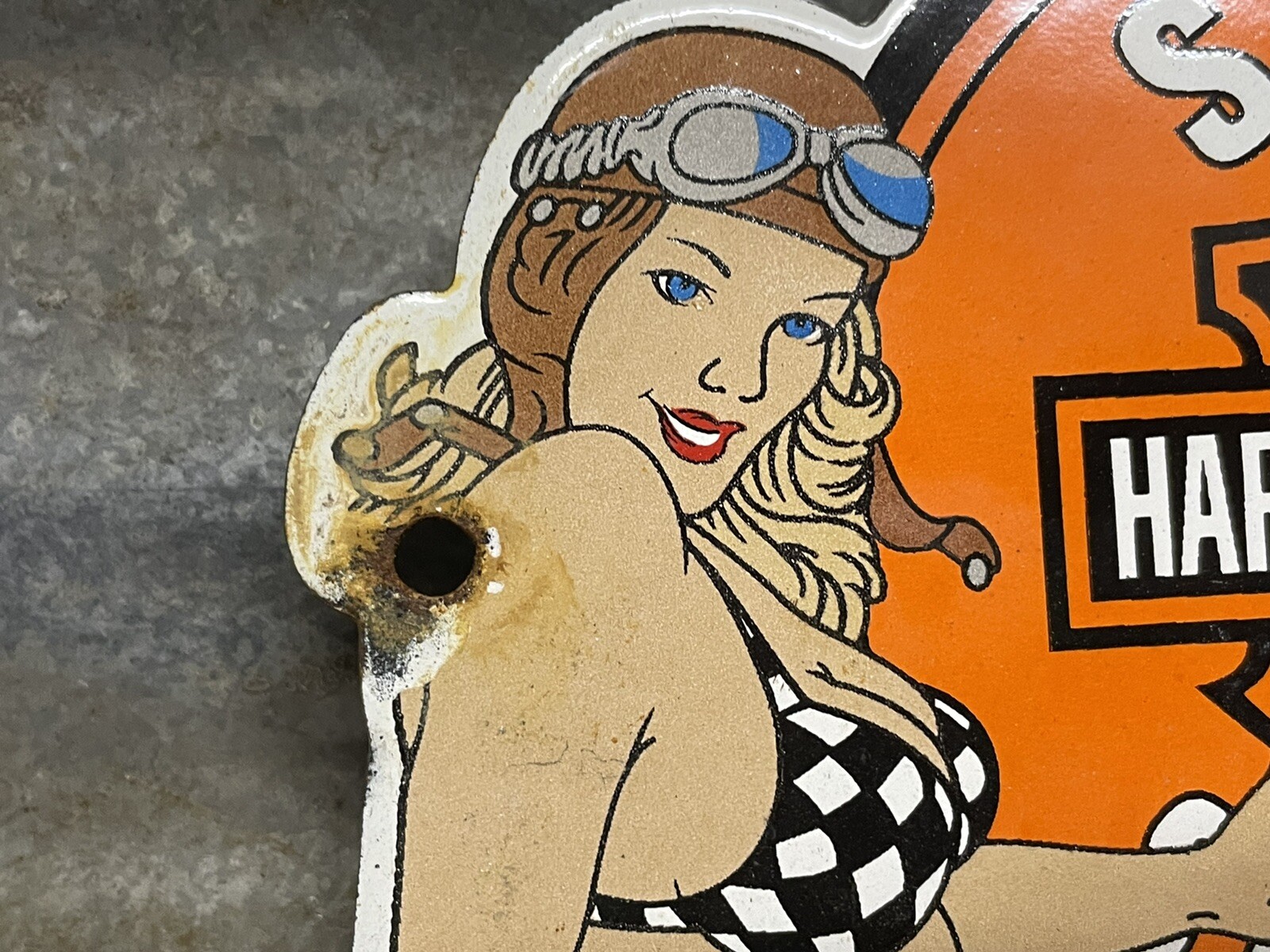 VINTAGE MOTORCYCLE PORCELAIN HARLEY DAVIDSON SIGN SALES GIRL SERVICE GAS PUMP