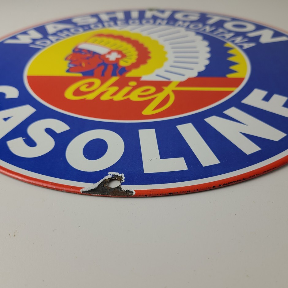 Vintage Washington Gasoline Sign – Indian Chief Gas Pump Porcelain Service Sign