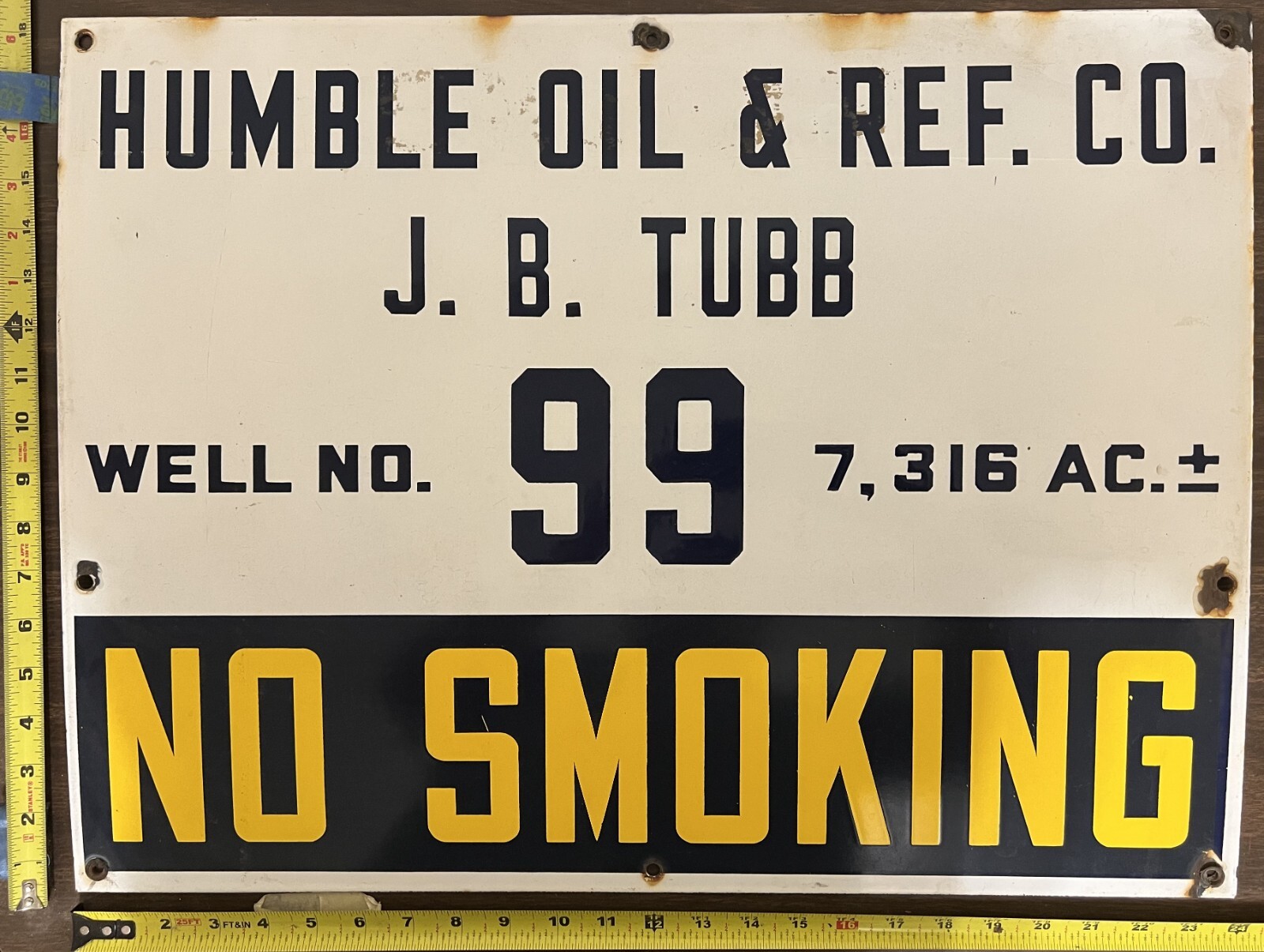 Large Vintage Porcelain Oil Field Sign – Humble Oil & Refining Co. J.B. Tubb 99