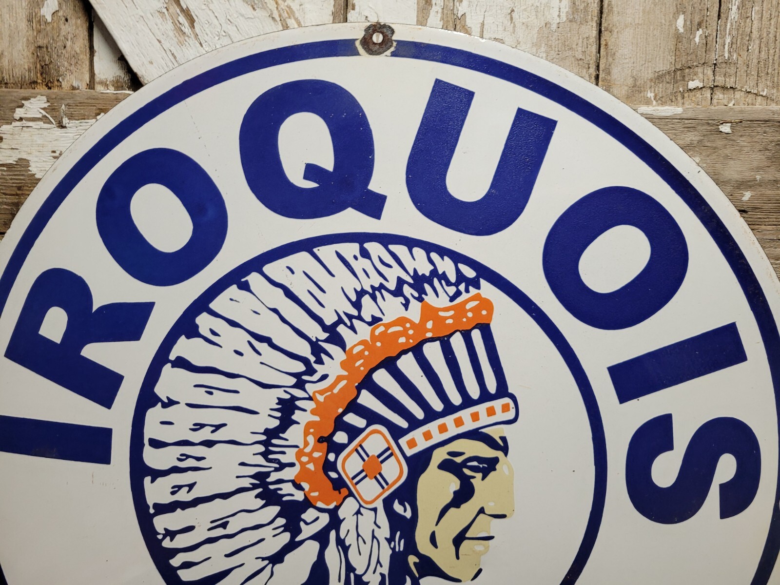 VINTAGE IROQUOIS CHIEF PORCELAIN SIGN 30″ GASOLINE DEALER RARE MOTOR OIL SERVICE