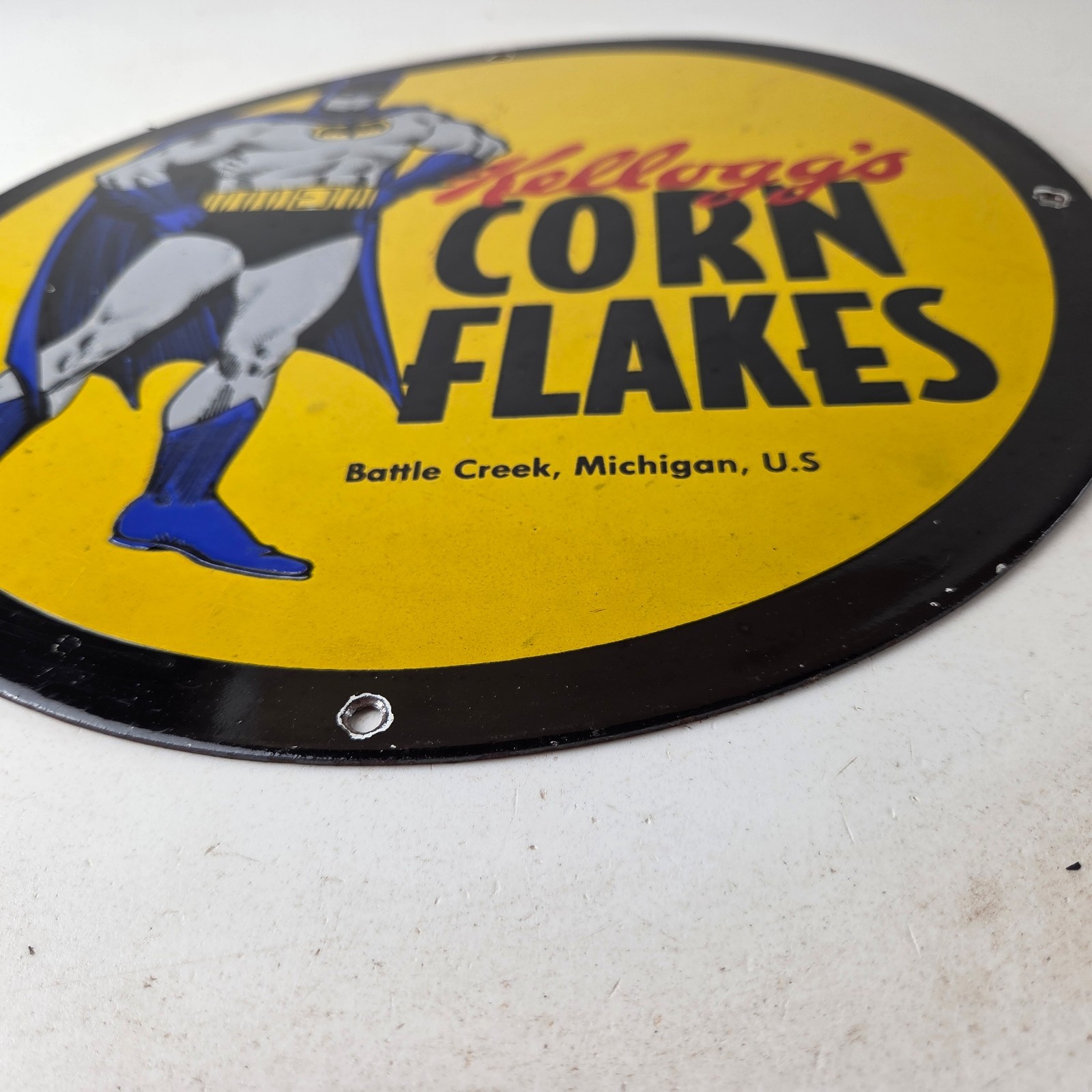 Vintage Kelloggs Sign – Corn Flakes Porcelain Batman Cereal Breakfast Gas Sign