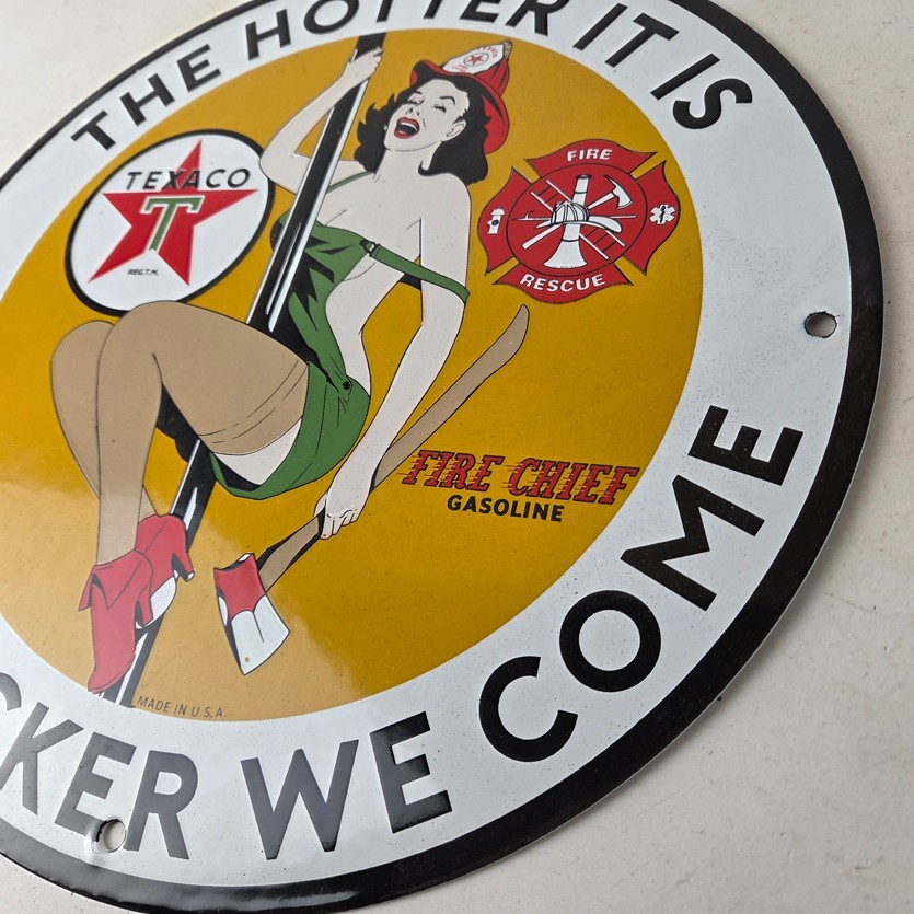 Vintage Texaco Gasoline Sign – Fire Pole Fire Chief Gas Pump Ad Porcelain Sign