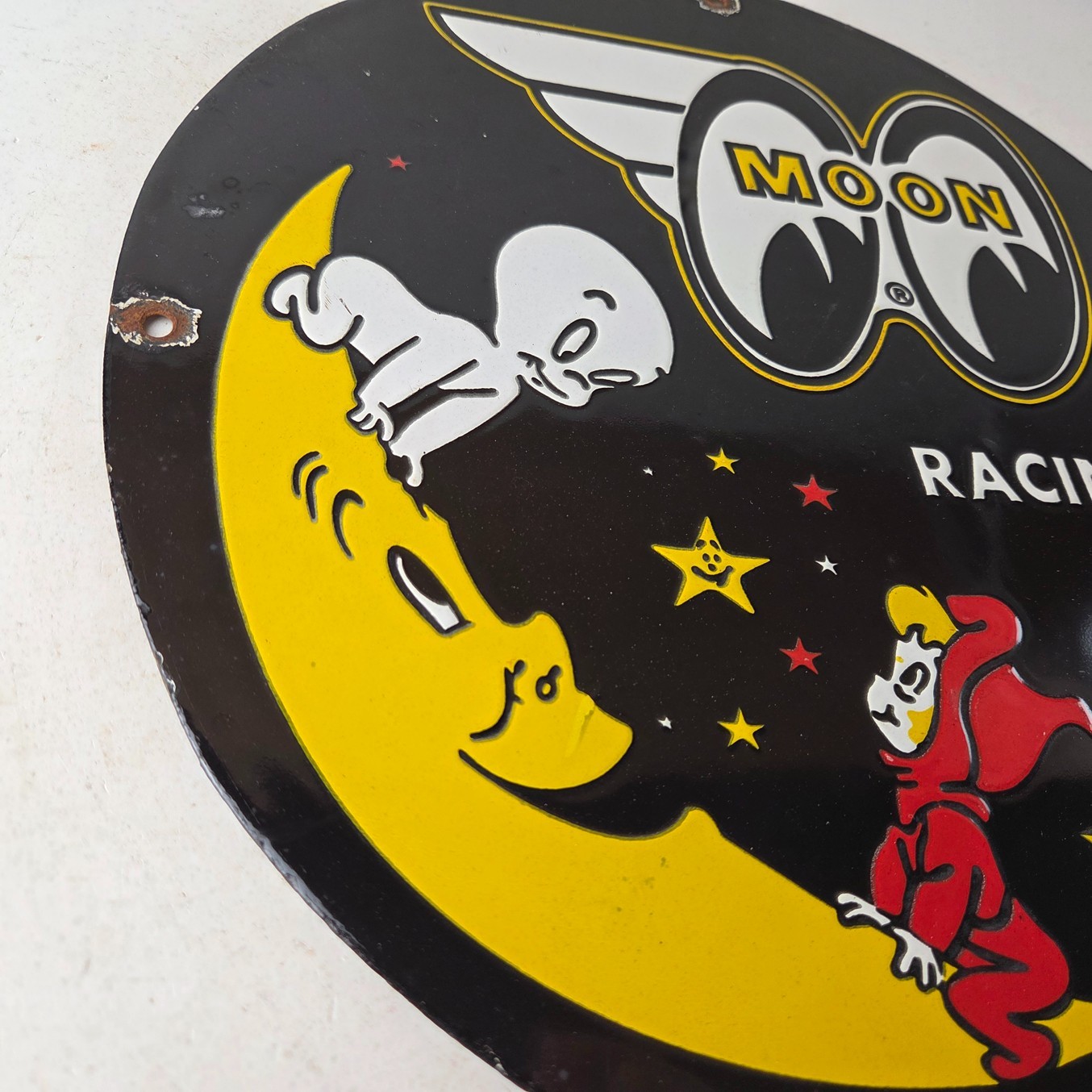 Vintage Moon Eyes Sign – Speed Equipment Casper Auto Porcelain Gas Pump Sign