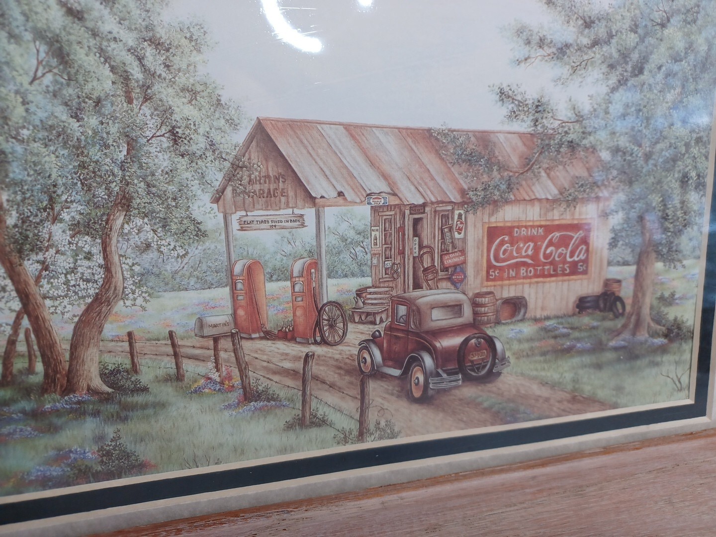 Vintage Coca-Cola Martin’s Garage Matted Framed. Gas Pumps Antique Car 15×12″