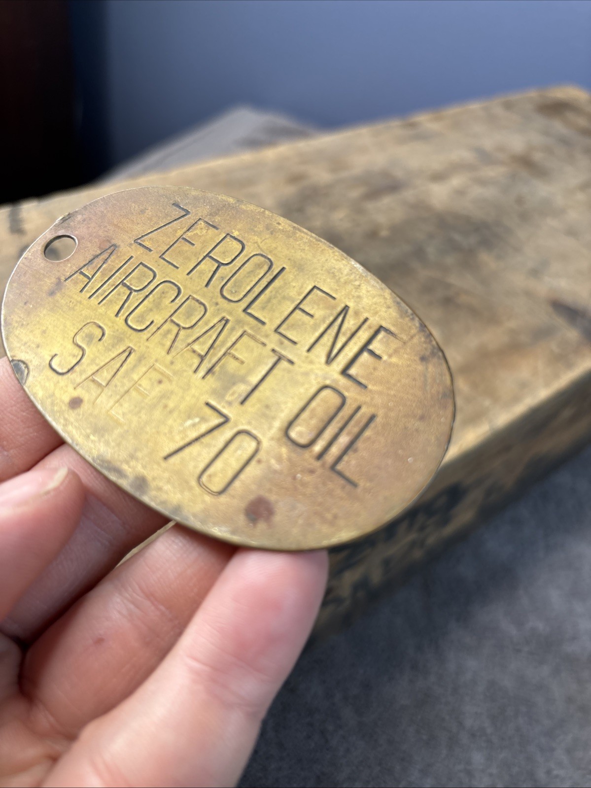Antique Original Brass Zerolene Aircraft Oil Can Drum Badge Sign Engraved 3.5”