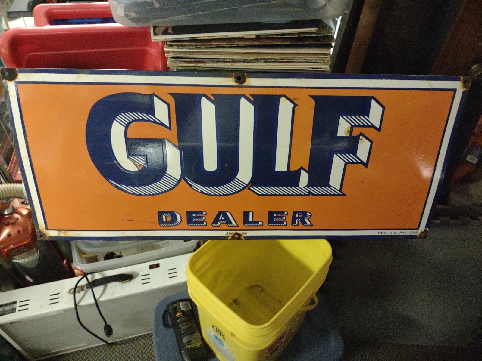 LARGE VINTAGE GULF MOTOR OIL PORCELAIN GAS OIL SERVICE STATION DEALER SIGN 3FT