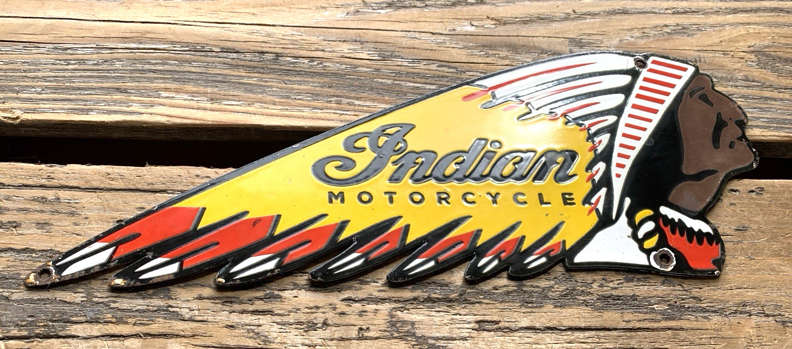 VINTAGE 12×4.5″ INDIAN MOTORCYCLE SALES & SERVICE GASOLINE PORCELAIN OIL SIGN