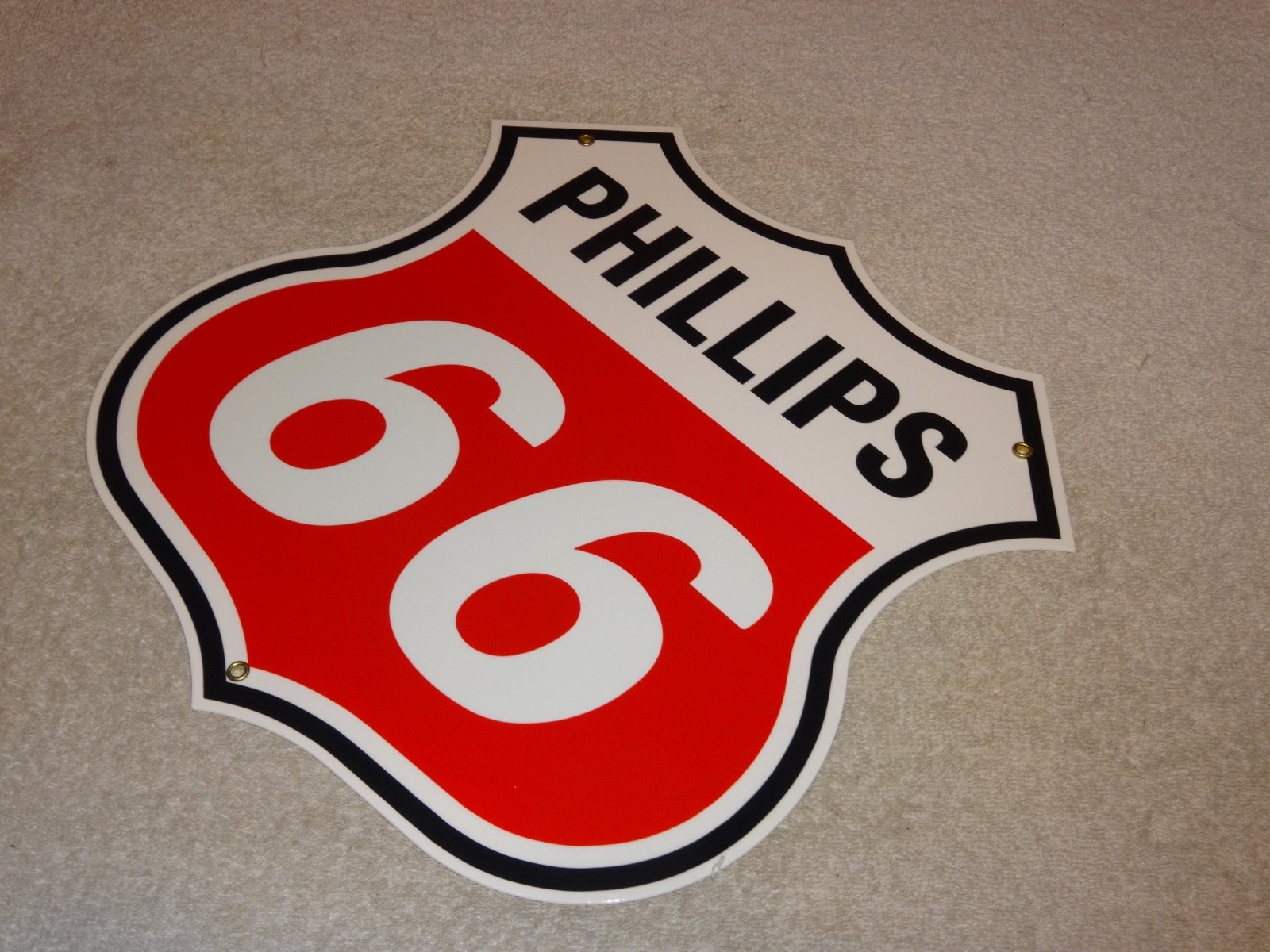VINTAGE PHILLIPS 66 RED BLACK WHITE 12″ PORCELAIN METAL SHIELD GASOLINE OIL SIGN
