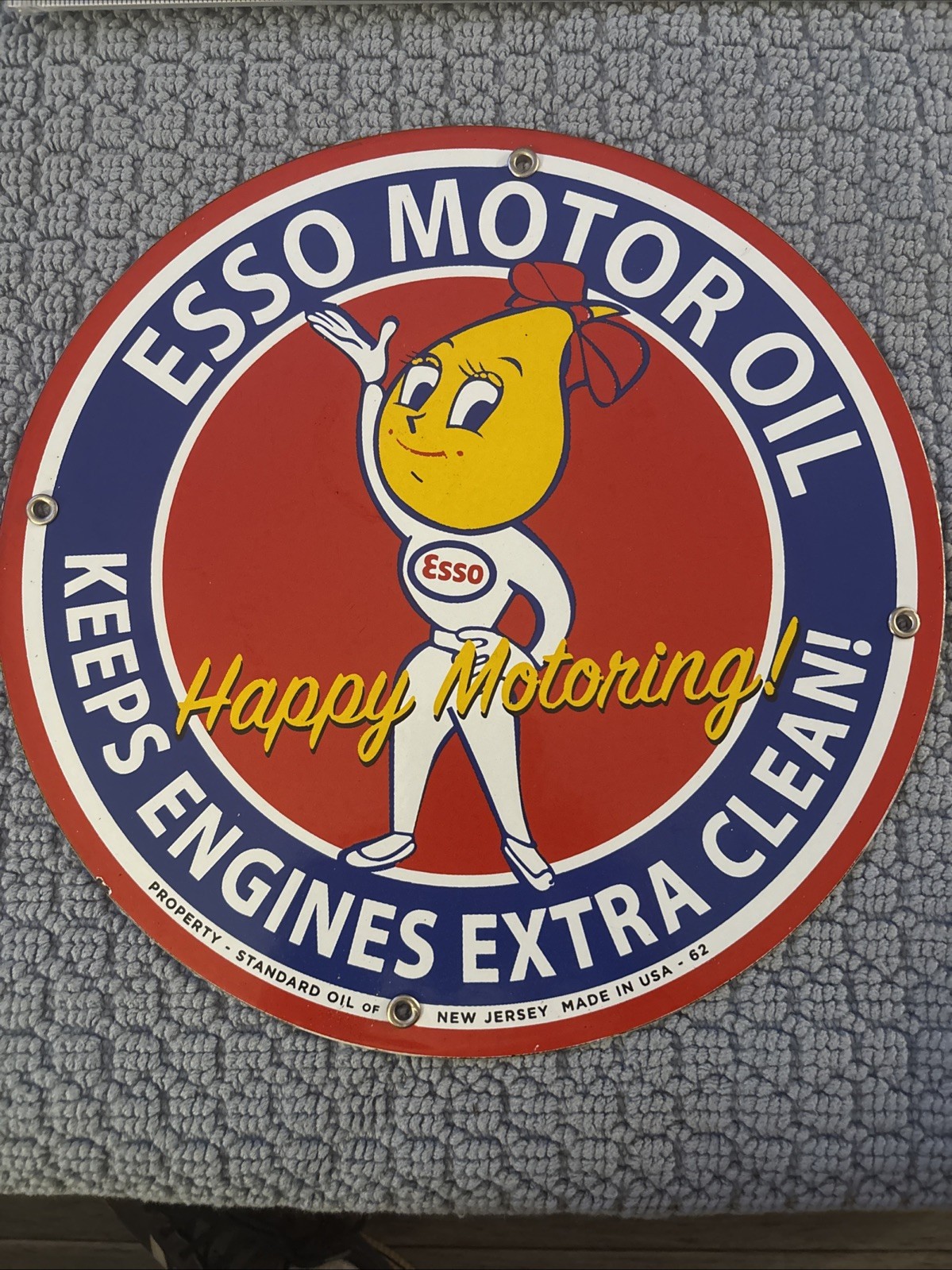 ESSO MOTOR OIL DROP LADY PORCELAIN SIGN GAS PUMP W/ Grommets! Some Chipping
