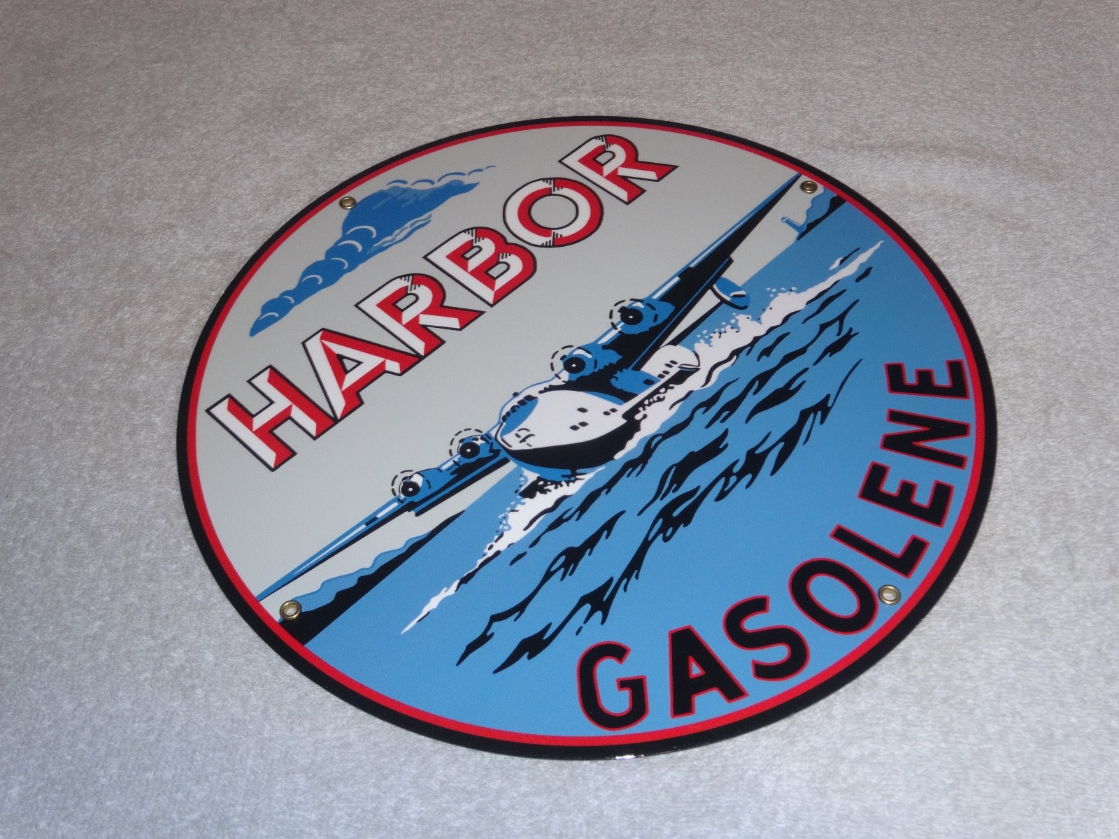 VINTAGE HARBOR GASOLINE AIRPLANE SEAPLANE 11 3/4″ PORCELAIN METAL GAS & OIL SIGN