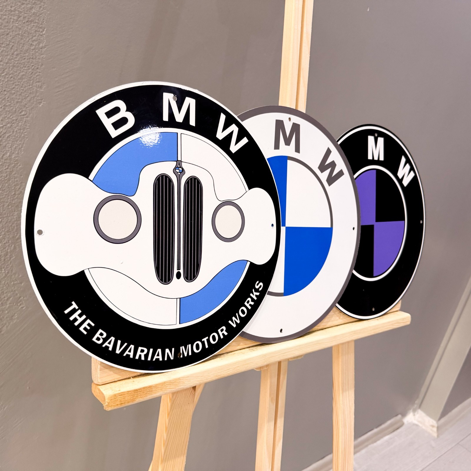 BMW Logo Set (3 PCS) Metal Signs – Classic, Grille & Black Purple – 30 cm (11.8”