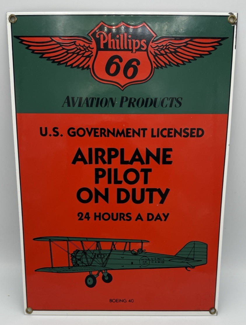 Phillips 66 Boeing 40 Airplane Pilot on Duty Porcelain Metal Wall Sign Vintage
