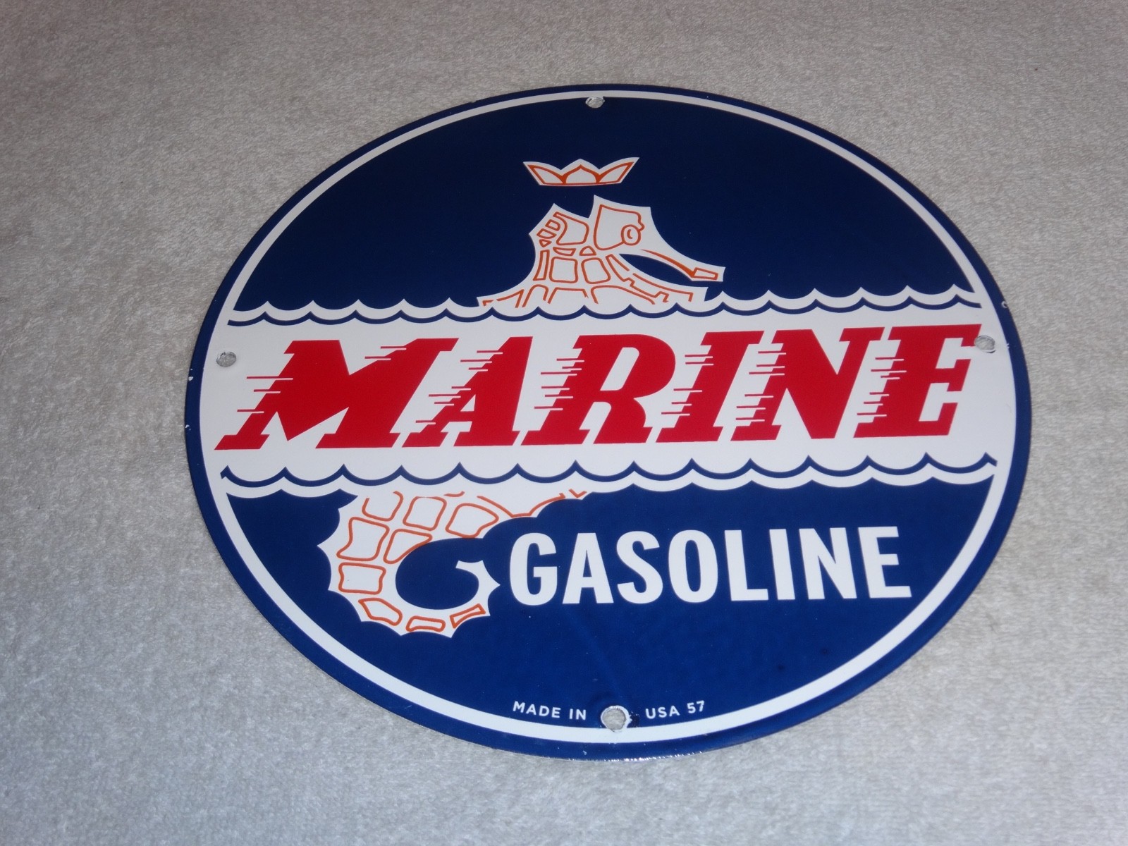 VINTAGE 1957 MARINE GASOLINE EVINRUDE JOHNSON OUTBOARD BOAT MOTOR PORCELAIN SIGN