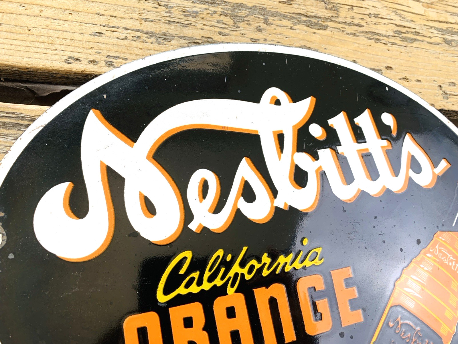 VINTAGE 12×9″ NESBITT’S California ORANGE SODA POP 5c GAS PORCELAIN OIL SIGN
