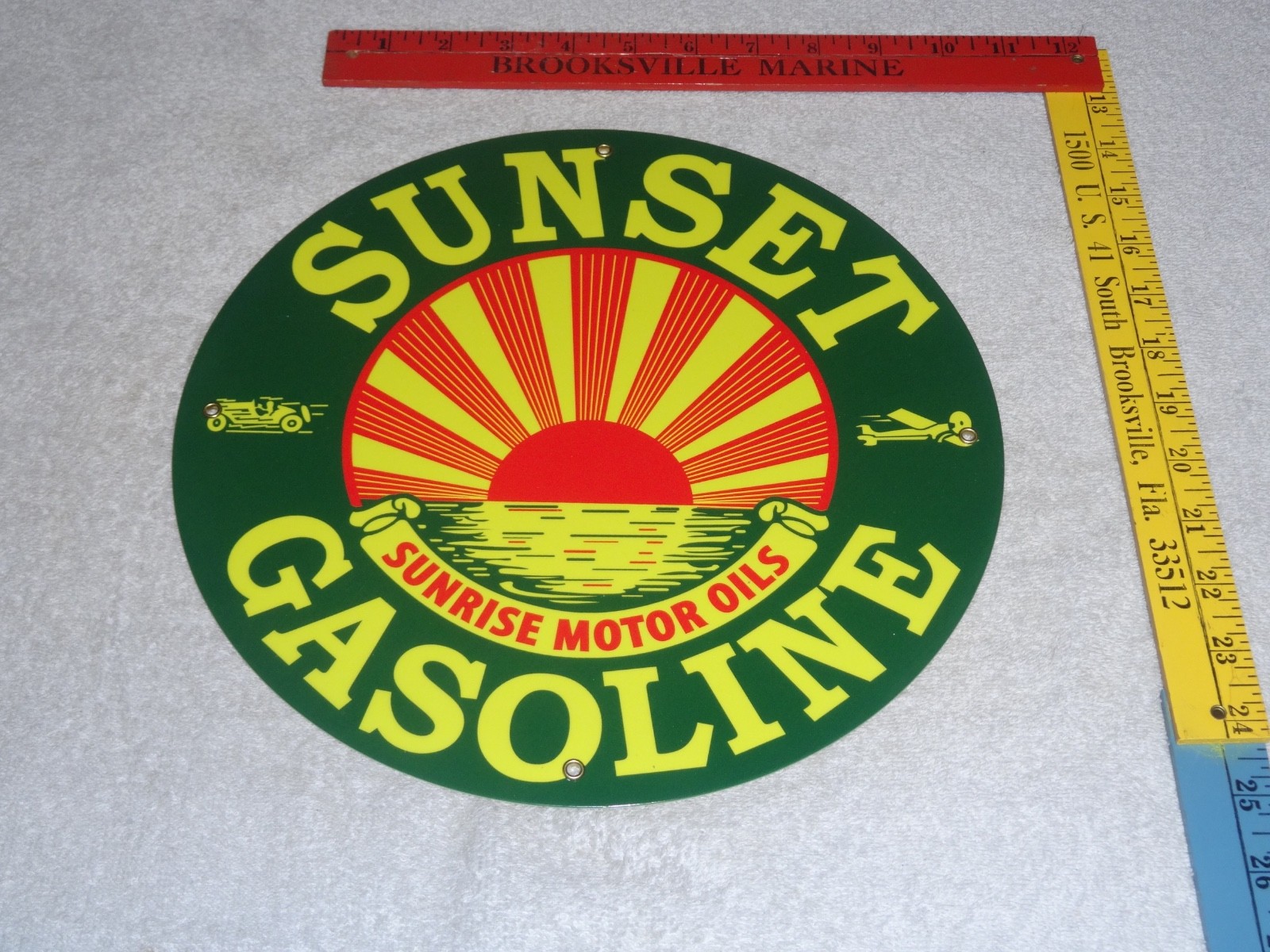 VINTAGE SUNRISE MOTOR OILS SUNSET GASOLINE 11 3/4″ PORCELAIN METAL AIRPLANE SIGN