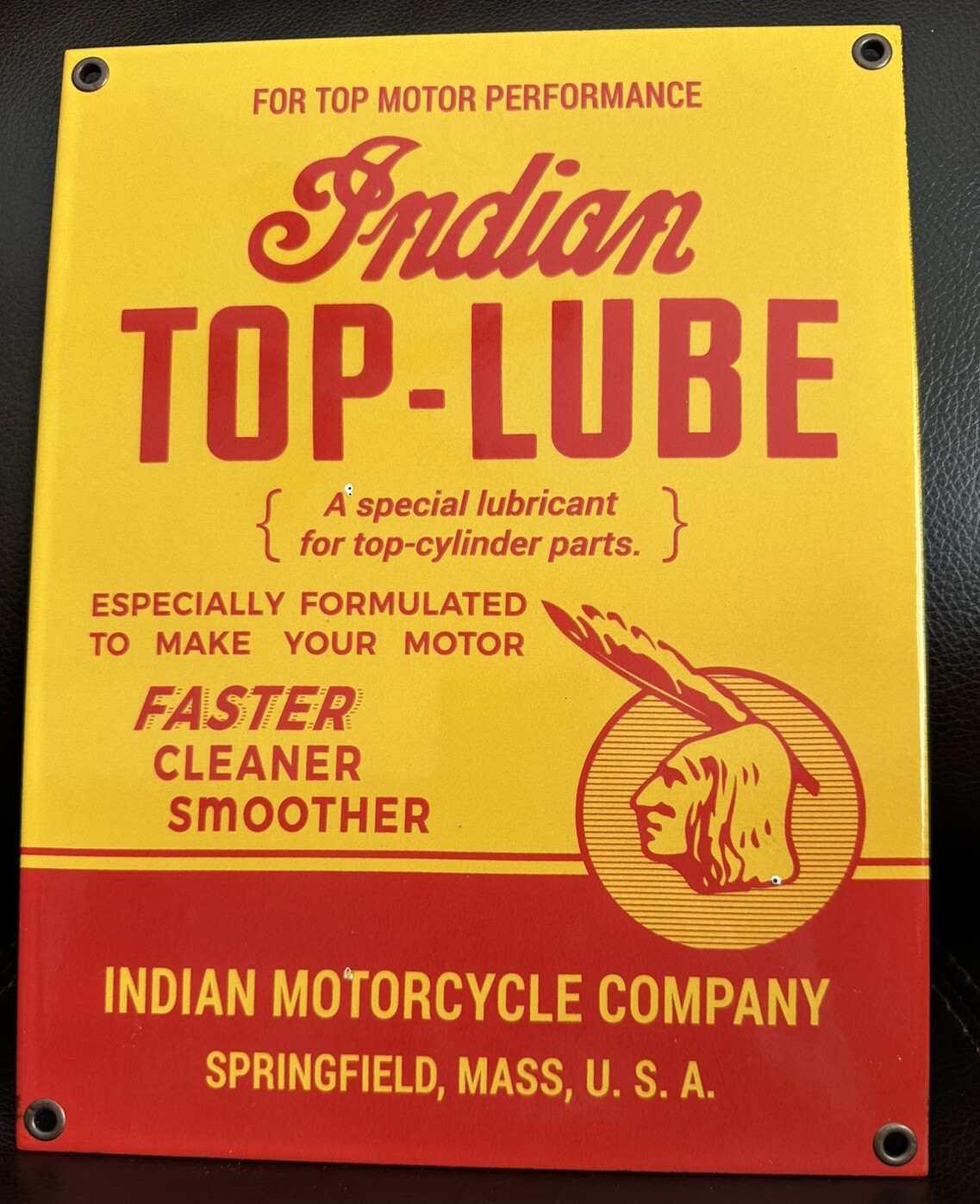 Indian Motorcycle Top-Lube Porcelain Sign Gas Oil Garage Vintage