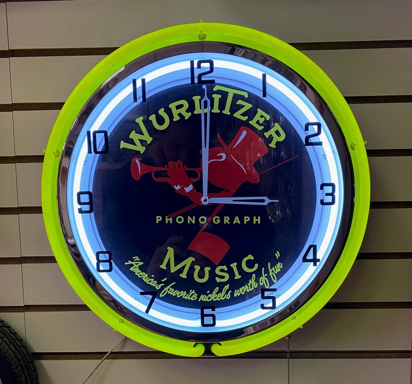 VINTAGE RETRO WURLITZER JUKEBOX MUSIC ROOM METAL LARGE DOUBLE RING NEON CLOCK