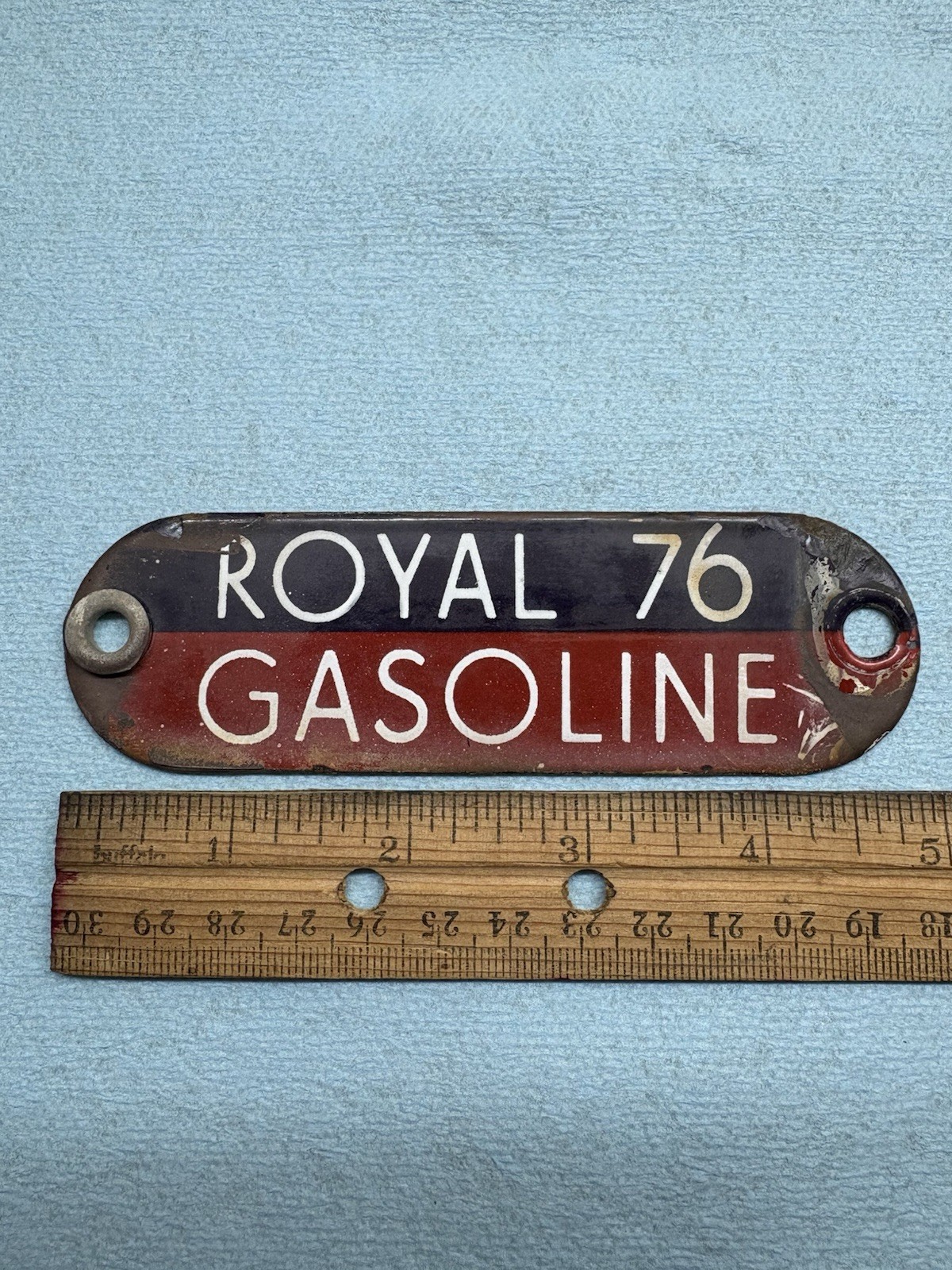Vintage Royal 76 Gasoline Porcelain Gas Fuel Oil Tag Sign Badge Blue Red & White