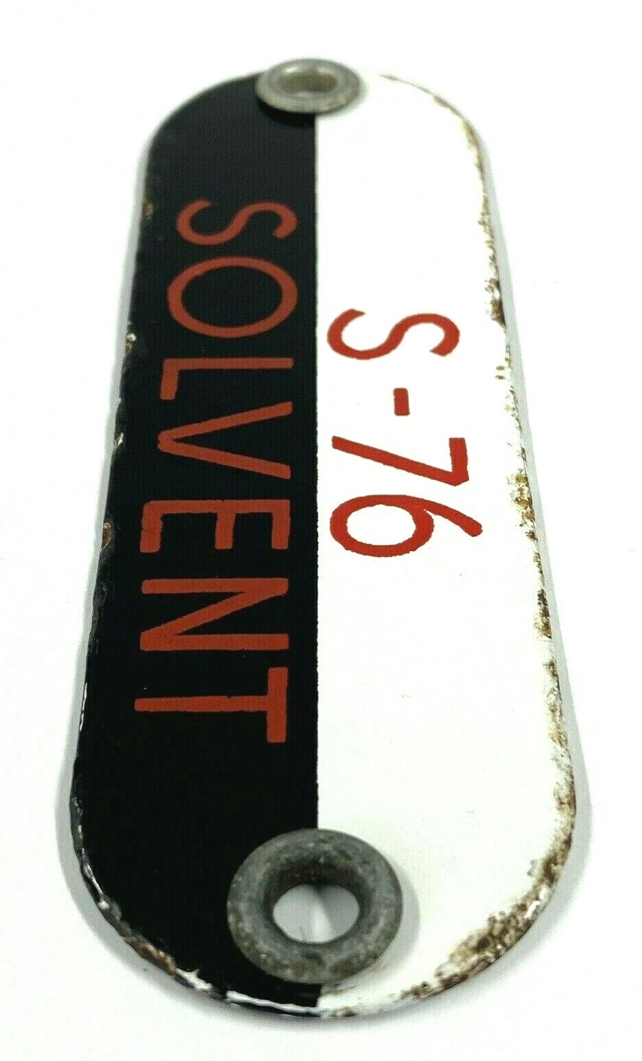 Vintage S-76 Solvent Porcelain Gas Fuel Oil Tag Sign Badge – Black, White & Red