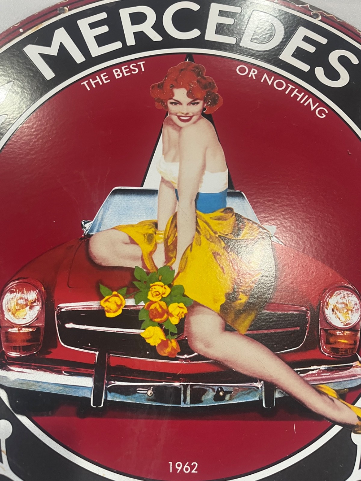 MERCEDES BENZ CARS SALES & SERVICE GAS & OIL PORCELAIN ENAMEL SIGN 30″ DSP.