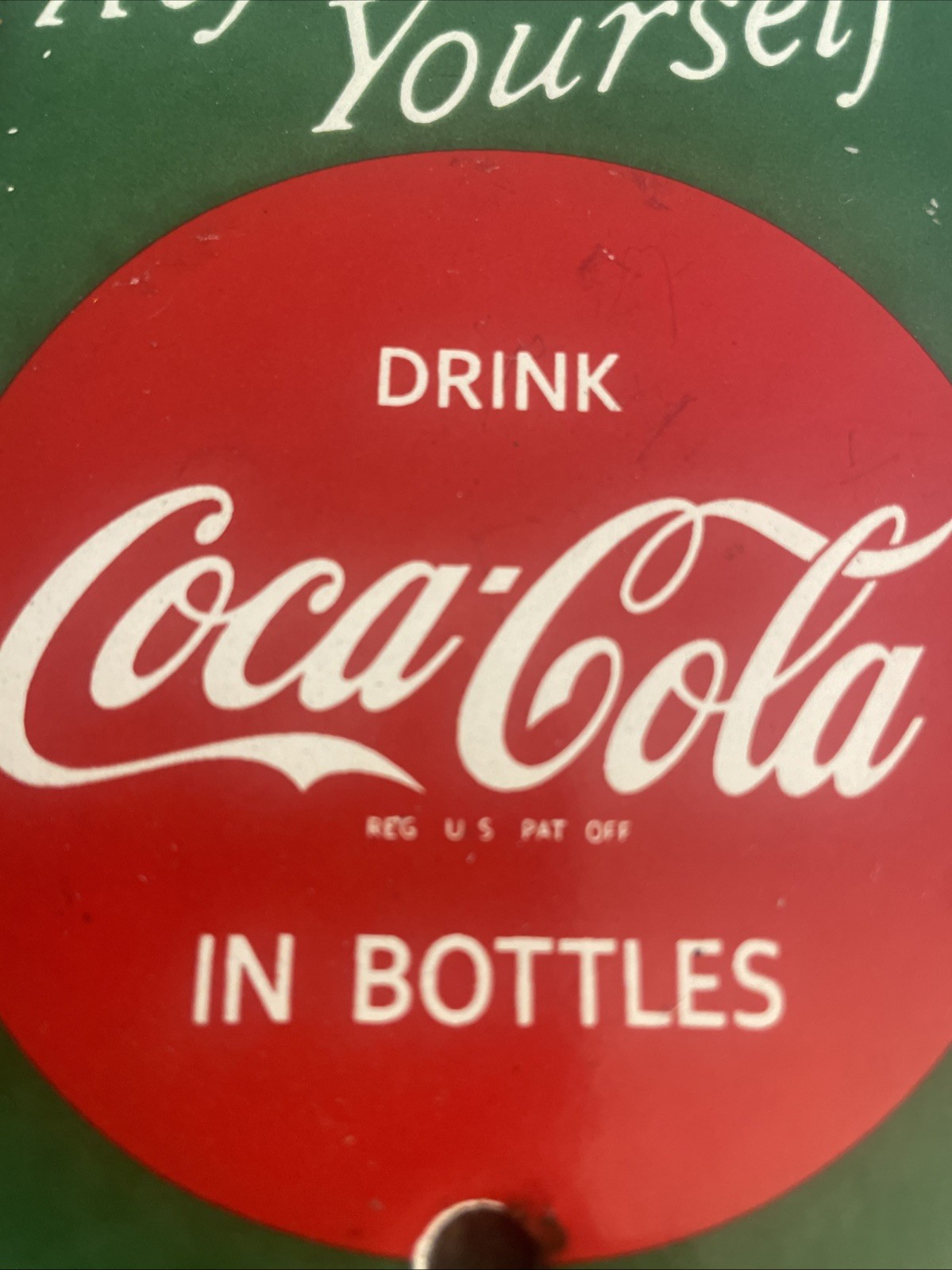 VINTAGE DRINK COCA COLA COKE PULL 6”x3” PORCELAIN REFRESH YOURSELF SIGN SODA