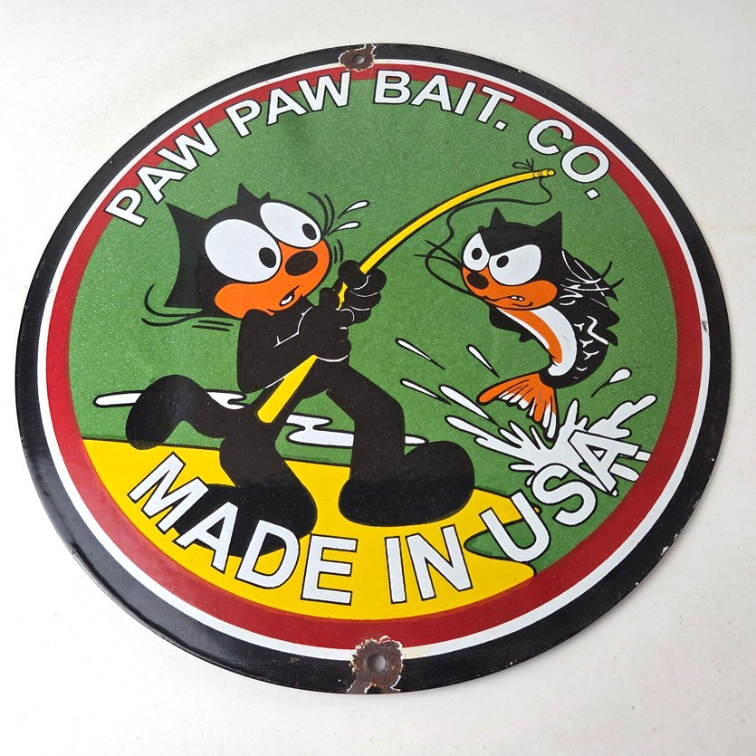 Vintage Paw Paw Bait Sign – Felix Cat Fishing Gas Service Sign