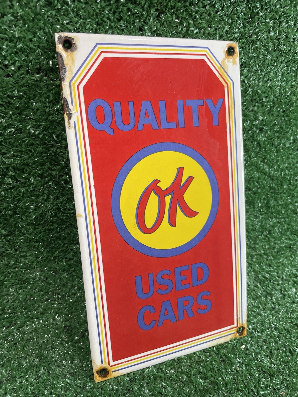 VINTAGE QUALITY OK USED CARS PORCELAIN SIGN DEALERSHIP GAS OIL SERVICE STATION