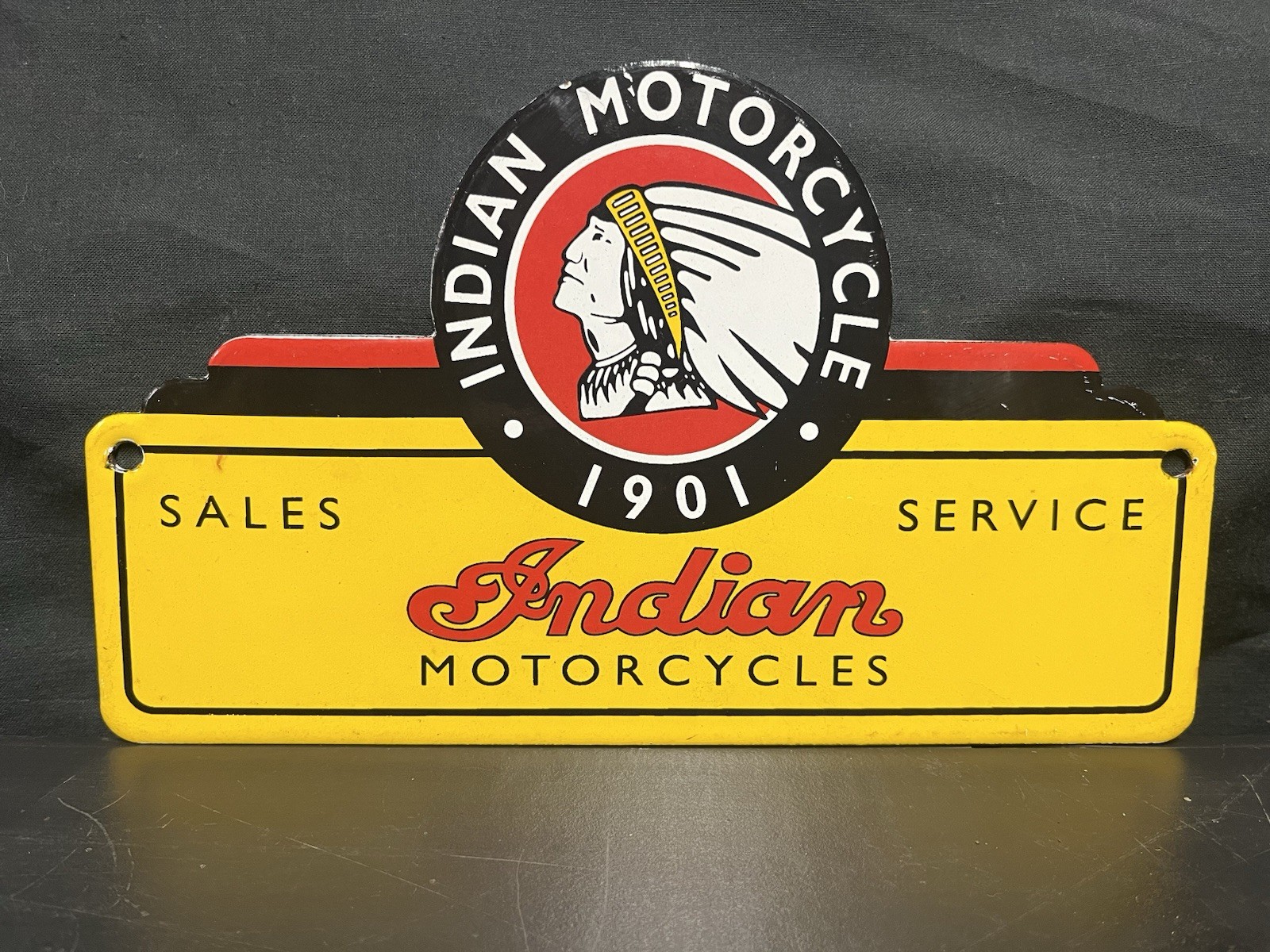 INDIAN MOTORCYCLE PORCELAIN ENAMEL PUSH PLATE SALES & SERVICE DEALER SIGN 6”x10”