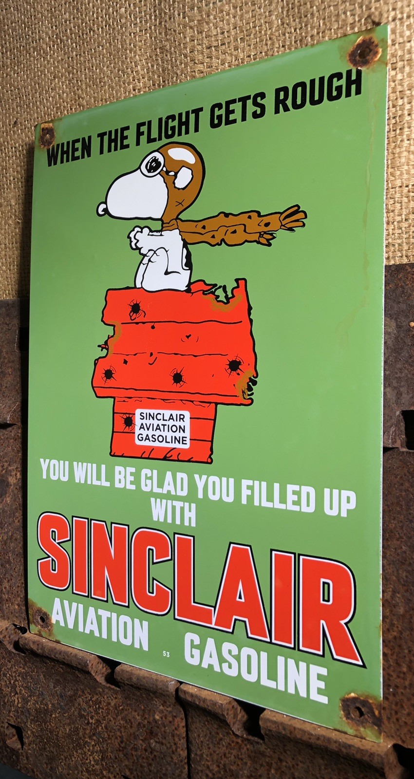 VINTAGE DATED 1953 SINCLAIR AVIATION GASOLINE 15” PORCELAIN GAS PUMP SIGN SNOOPY