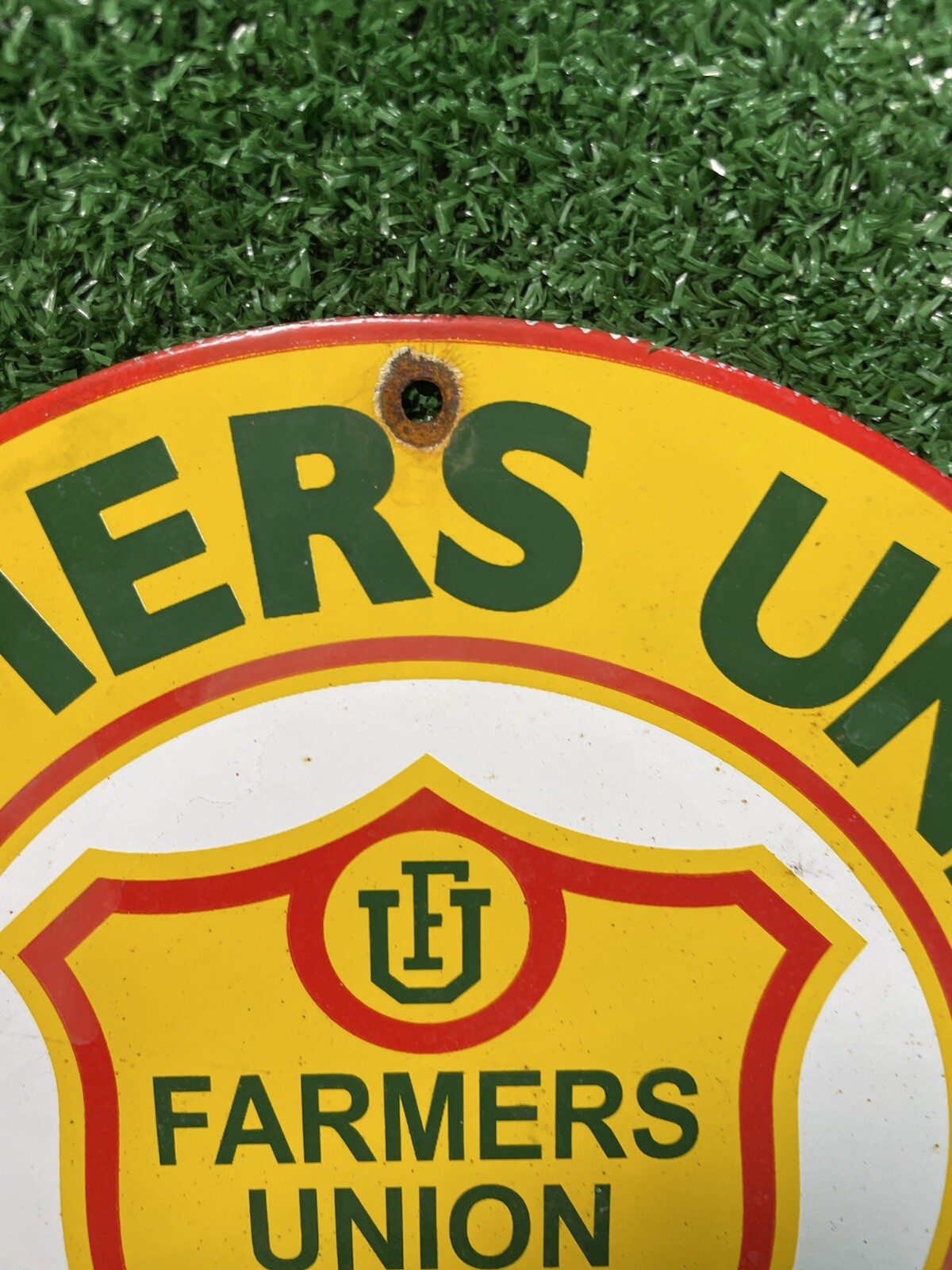 VINTAGE FARMERS UNION OIL CO PORCELAIN SIGN 1961 GAS STATION OIL FARM TRACTOR