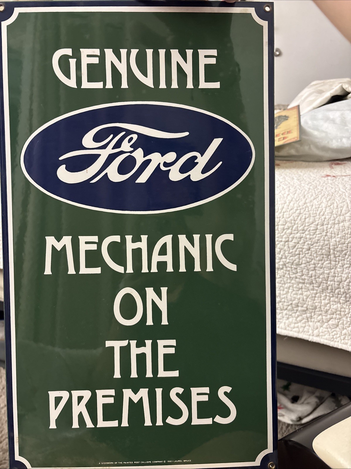 Genuine FORD Mechanic on the Premises Porcelain Sign, 1983 11″X19″ Good Cond.