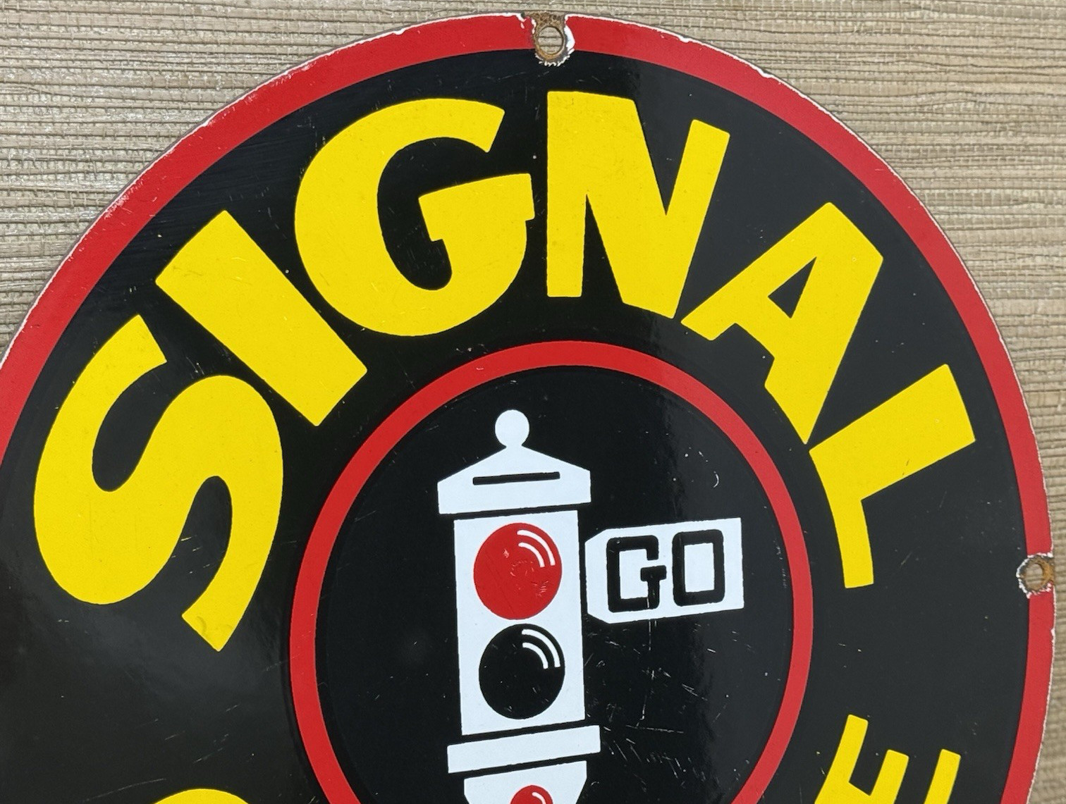 VINTAGE SIGNAL GASOLINE PORCELAIN SIGN: Gas Station Motor Oil Pump Plate