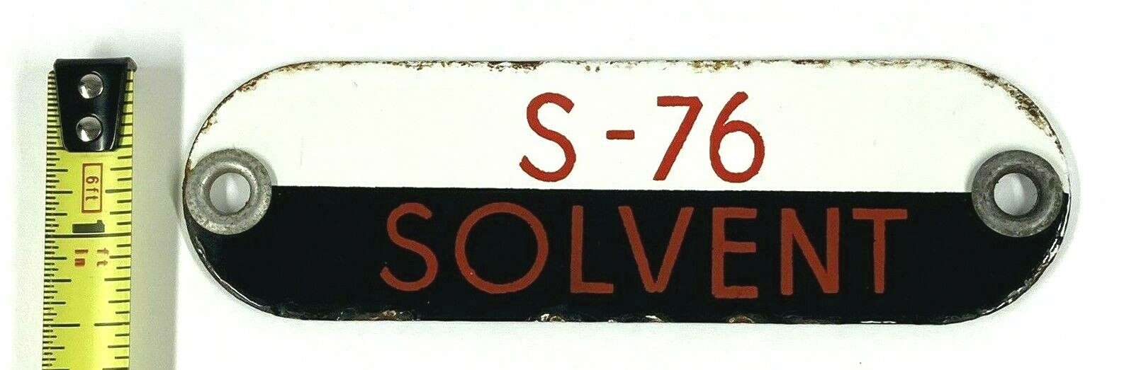 Vintage S-76 Solvent Porcelain Gas Fuel Oil Tag Sign Badge – Black, White & Red