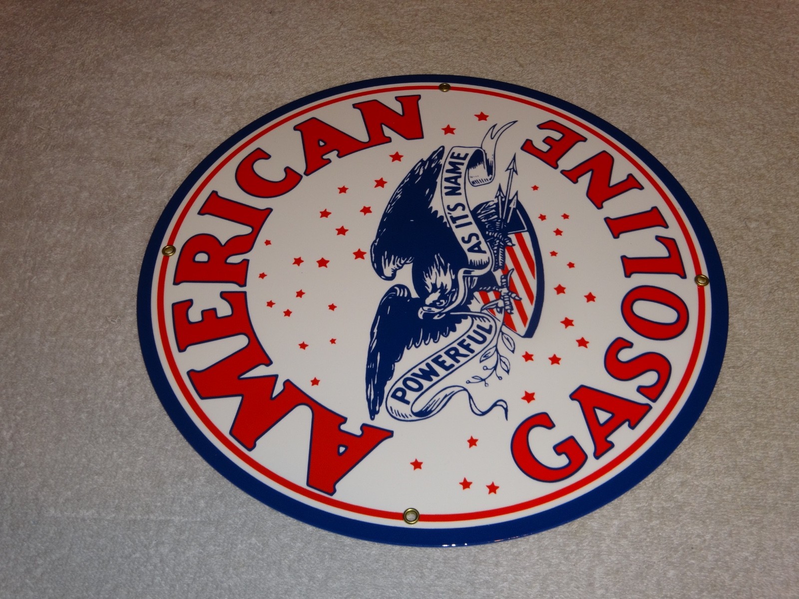 VINTAGE AMERICAN GASOLINE POWERFUL EAGLE 11 3/4″ PORCELAIN METAL GAS & OIL SIGN