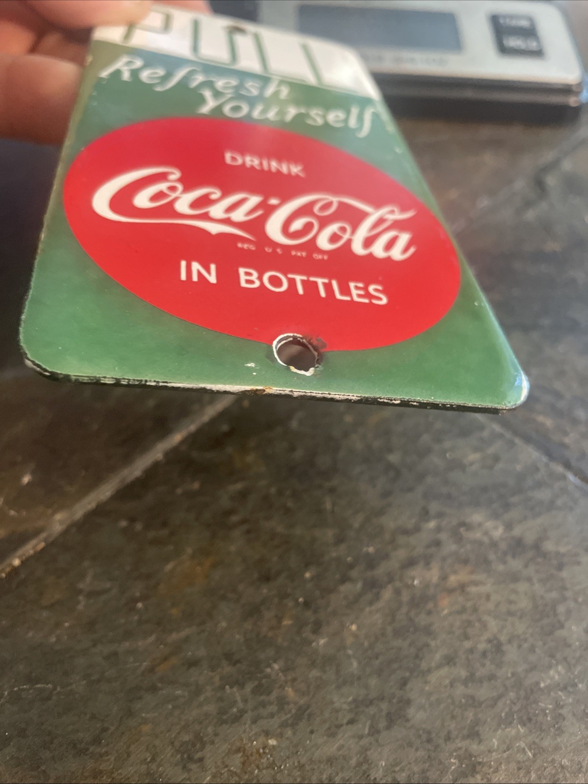 VINTAGE DRINK COCA COLA COKE PULL 6”x3” PORCELAIN REFRESH YOURSELF SIGN SODA