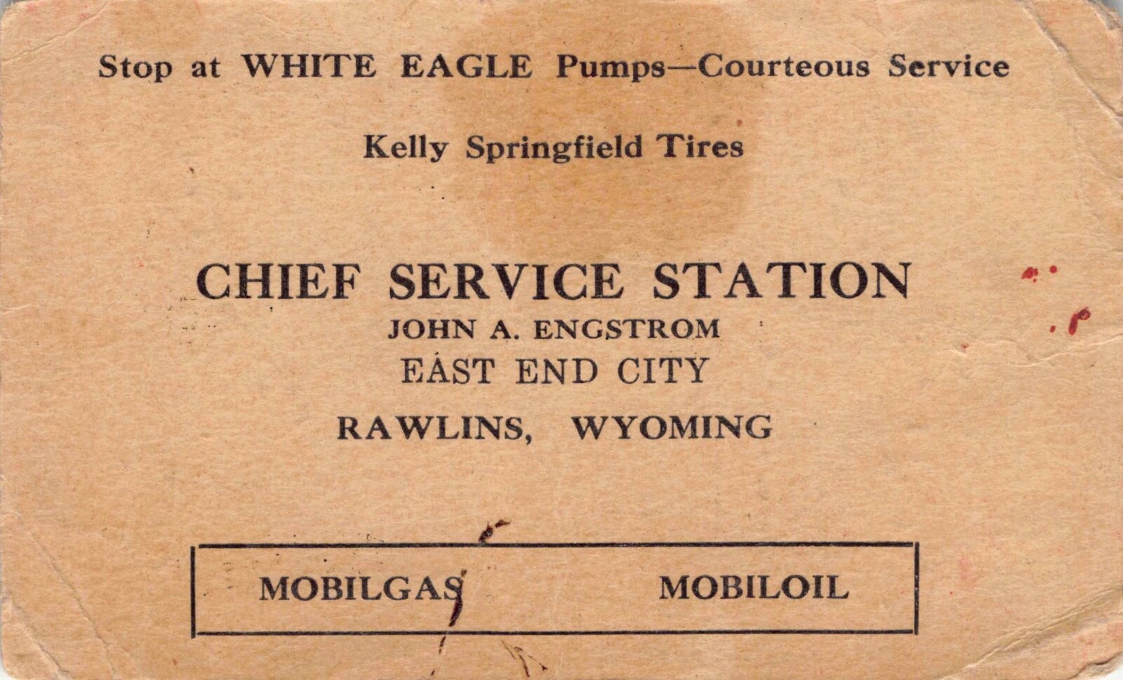 VTG Engstrom Chief White Eagle Mobil Gas Station Car Ad Business Card Rawlins WY