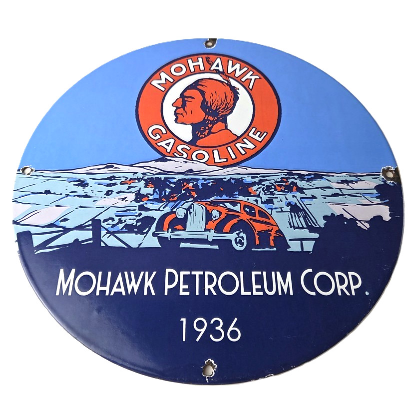 Vintage Mohawk Gasoline Sign – Porcelain American Indian Gas Motor Oil Pump Sign