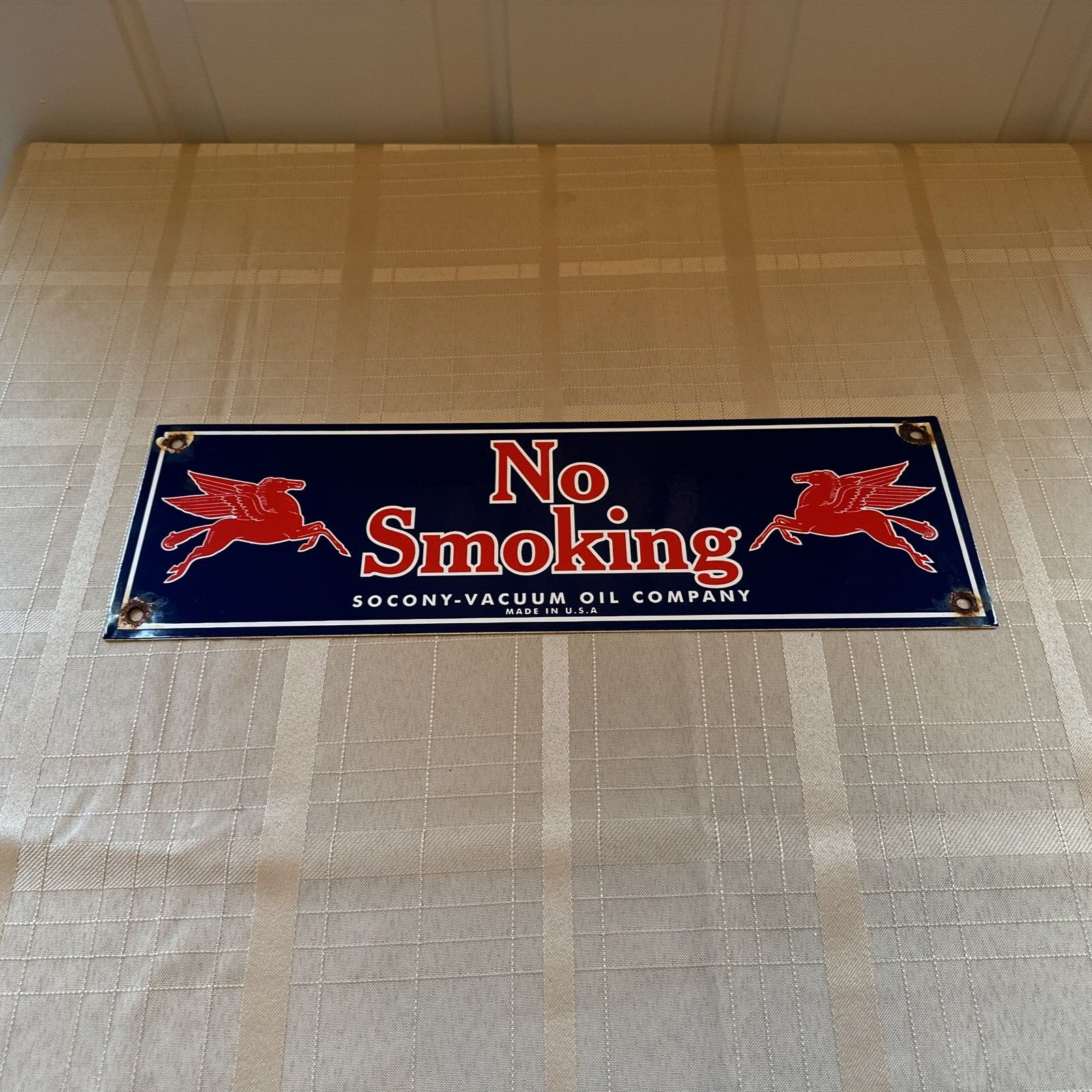 VINTAGE “NO SMOKING” PEGASUS MOBIL SOCONY-VACUUM OIL CO. PORCELAIN 16” SIGN