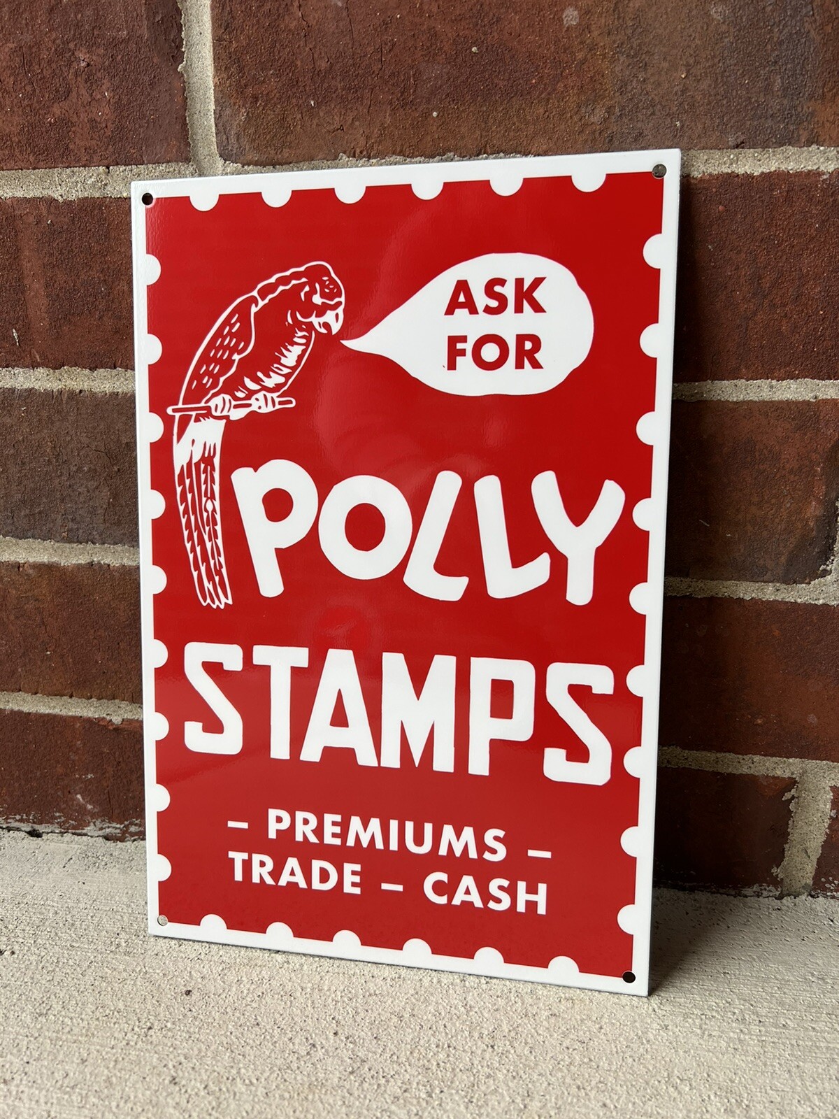 Polly Parrot Stamps Gasoline Gas Vintage Style Steel Pump Plate Metal Sign